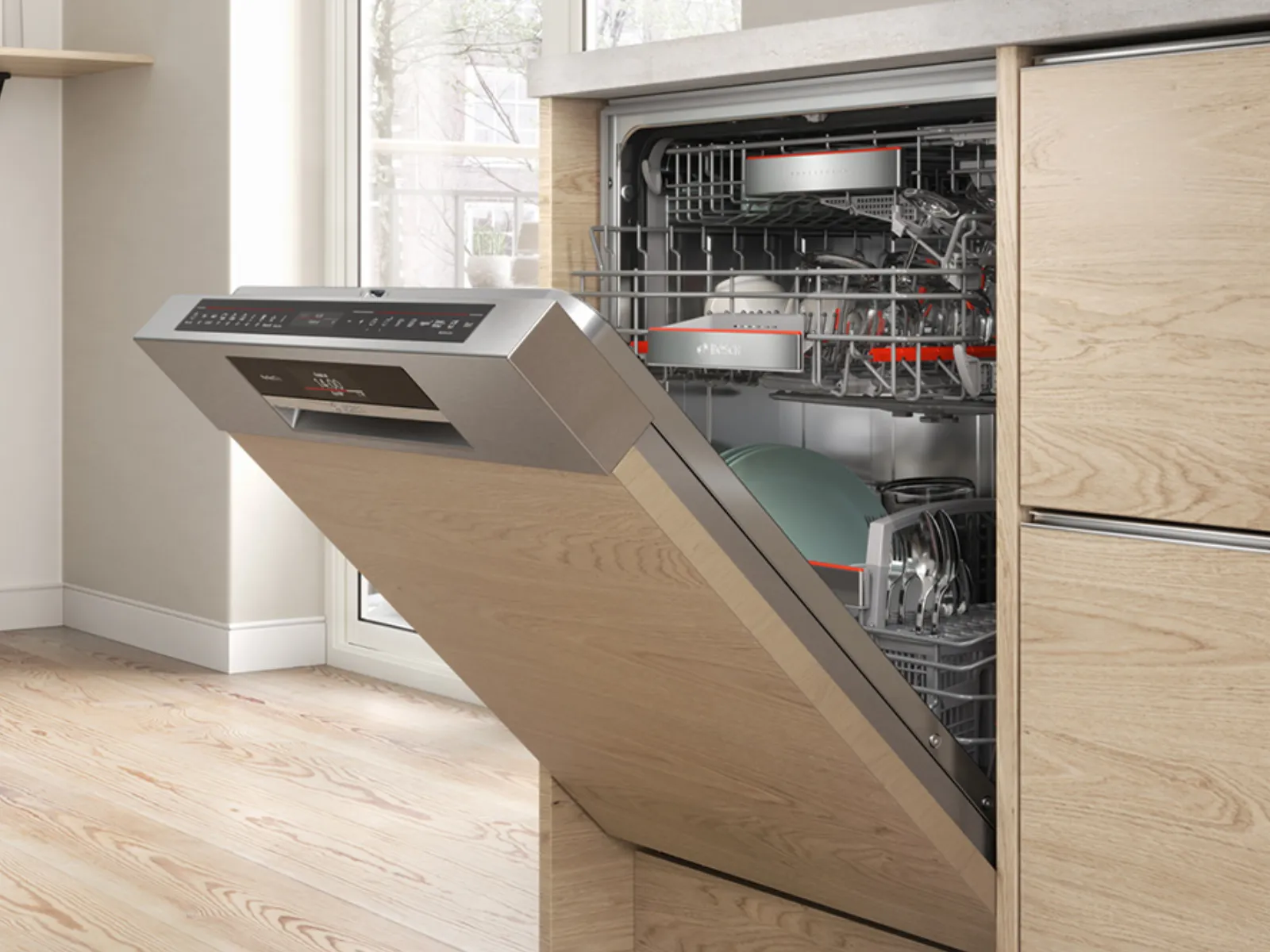 מדיח כלים מובנה משולב למחצה פתוח בארון עץ.