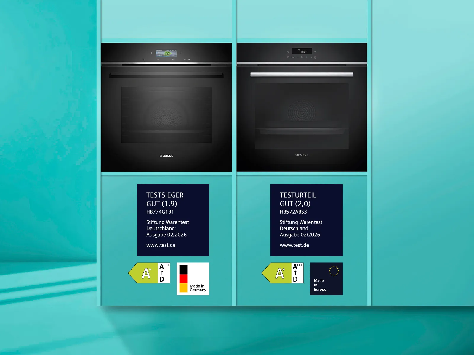 Siemens iQ700 Einbau Backöfen HB774G1B1 und HB572ABS3, Stiftung Warentest-Testsieger mit Energieeffizienzklasse A+