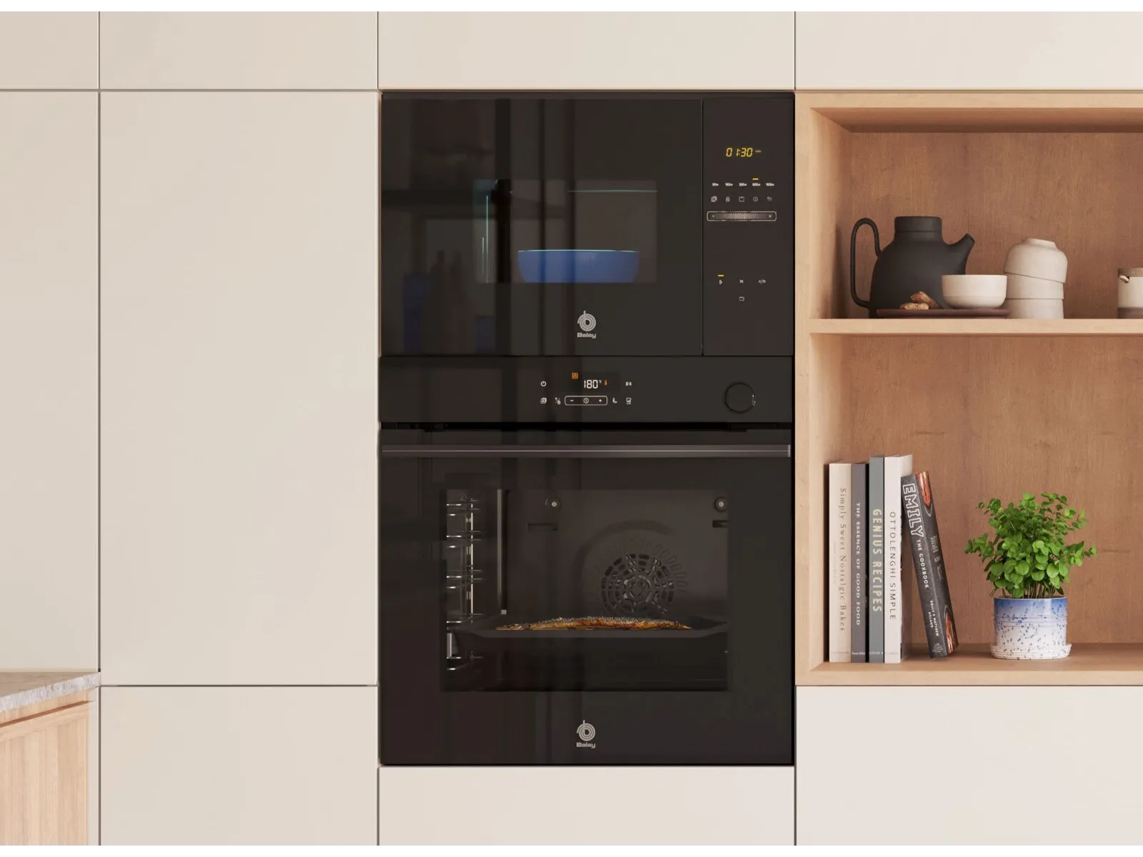 Horno y microondas integrado Serie Cristal negro Balay.