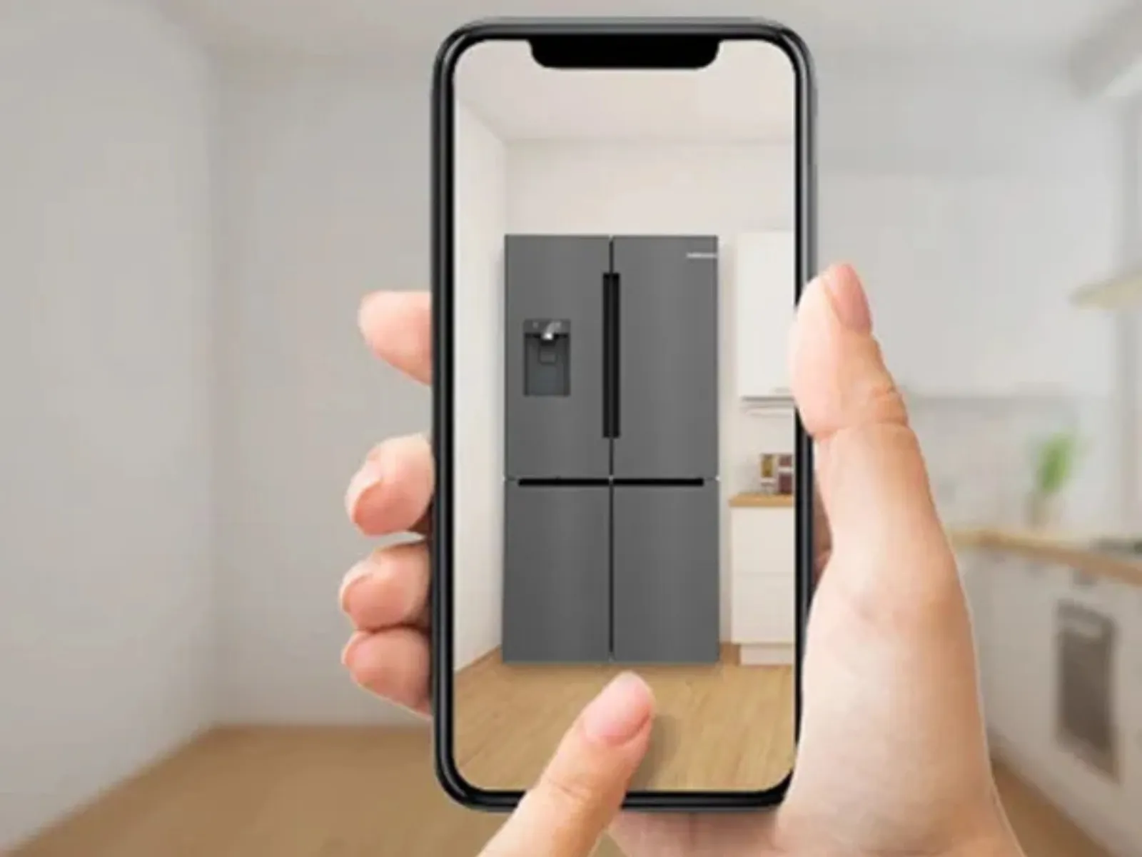 Smartphone mostrando un refrigerador en realidad aumentada, mostrando la visualización de los aparatos caseros.