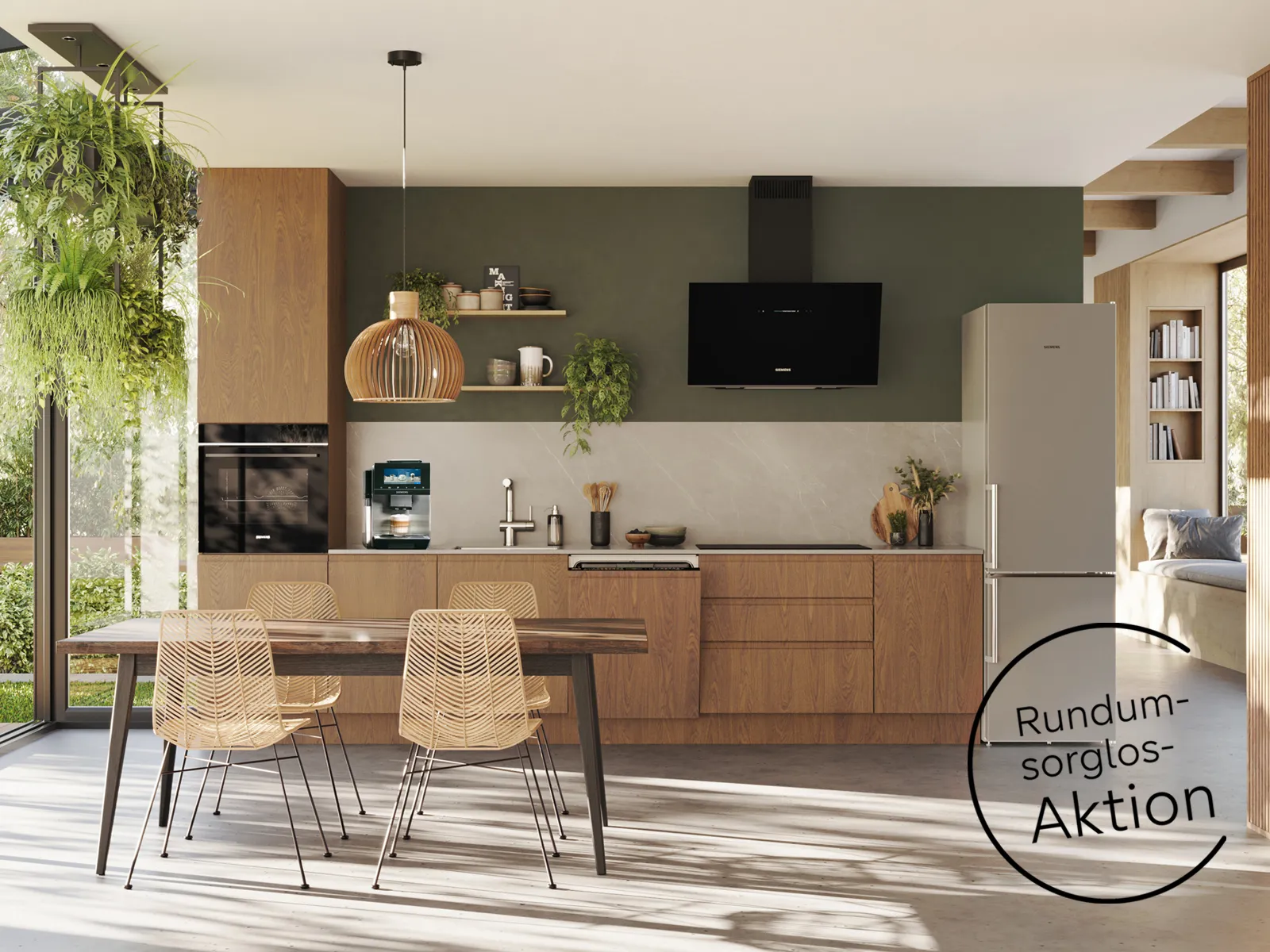 Grüner Raum mit vielen Pflanzen und Siemens Hausgeräten und dem Hinweis auf die aktuelle Aktion „Rundum-sorglos-Aktion“ im Siemens Online Shop