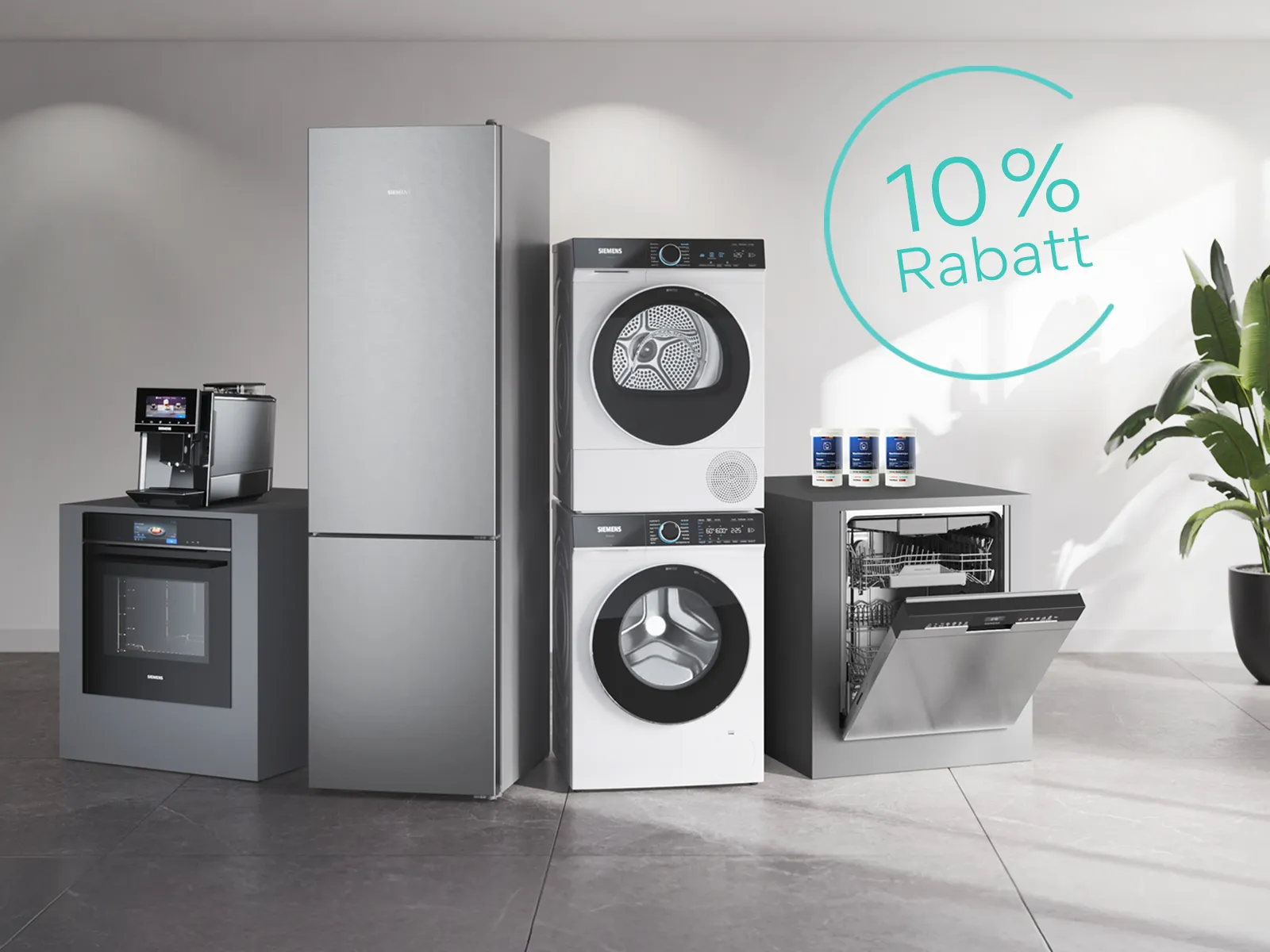 Grauer Raum mit großen und kleinen Hausgeräten von Siemens sowie Reinigungsprodukten und dem Hinweis, dass es aktuell 10 % Rabatt im Siemens Online Shop gibt