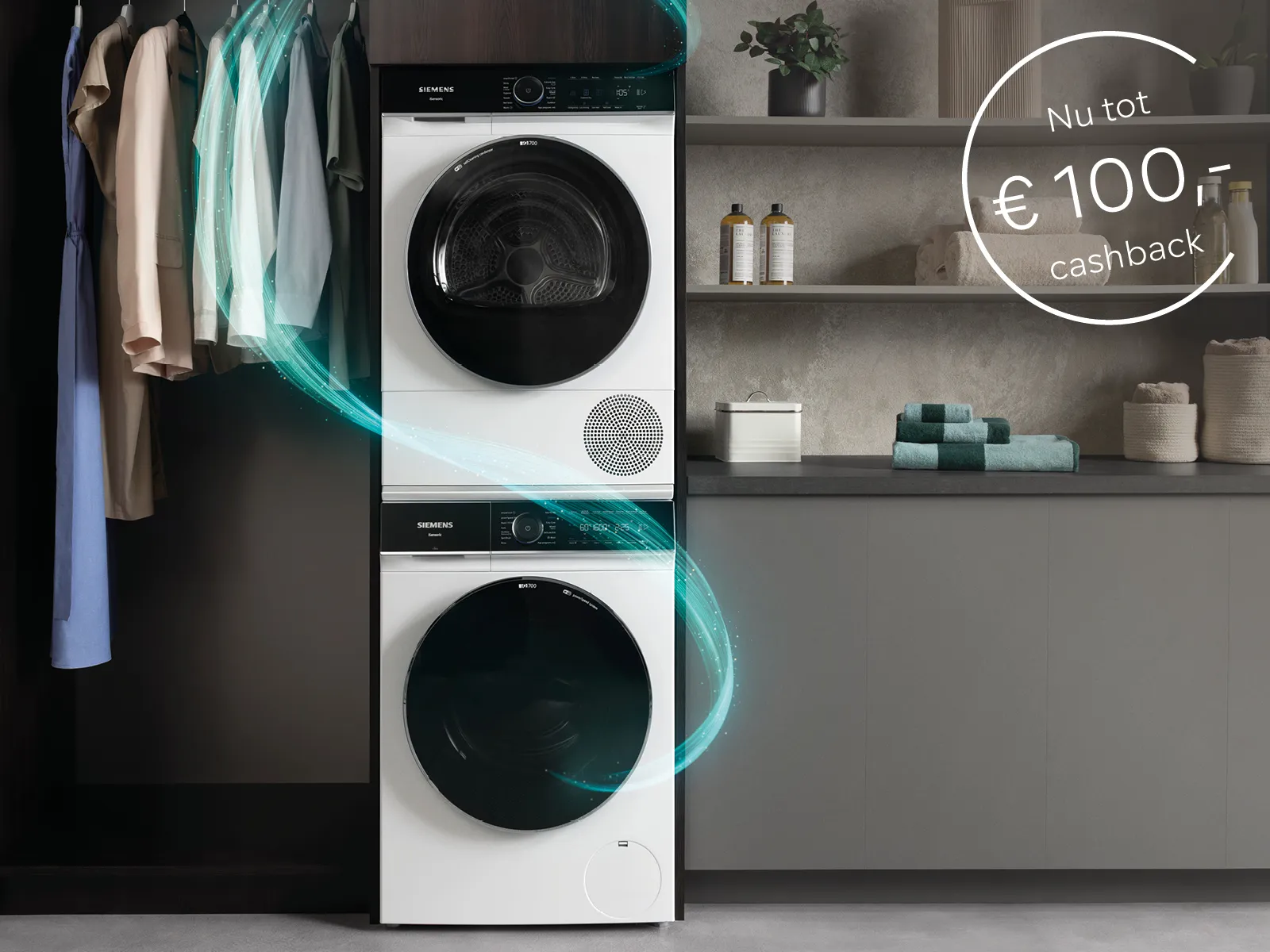 Witte wasmachine en droger onder elkaar met "tot €100,- cashback"