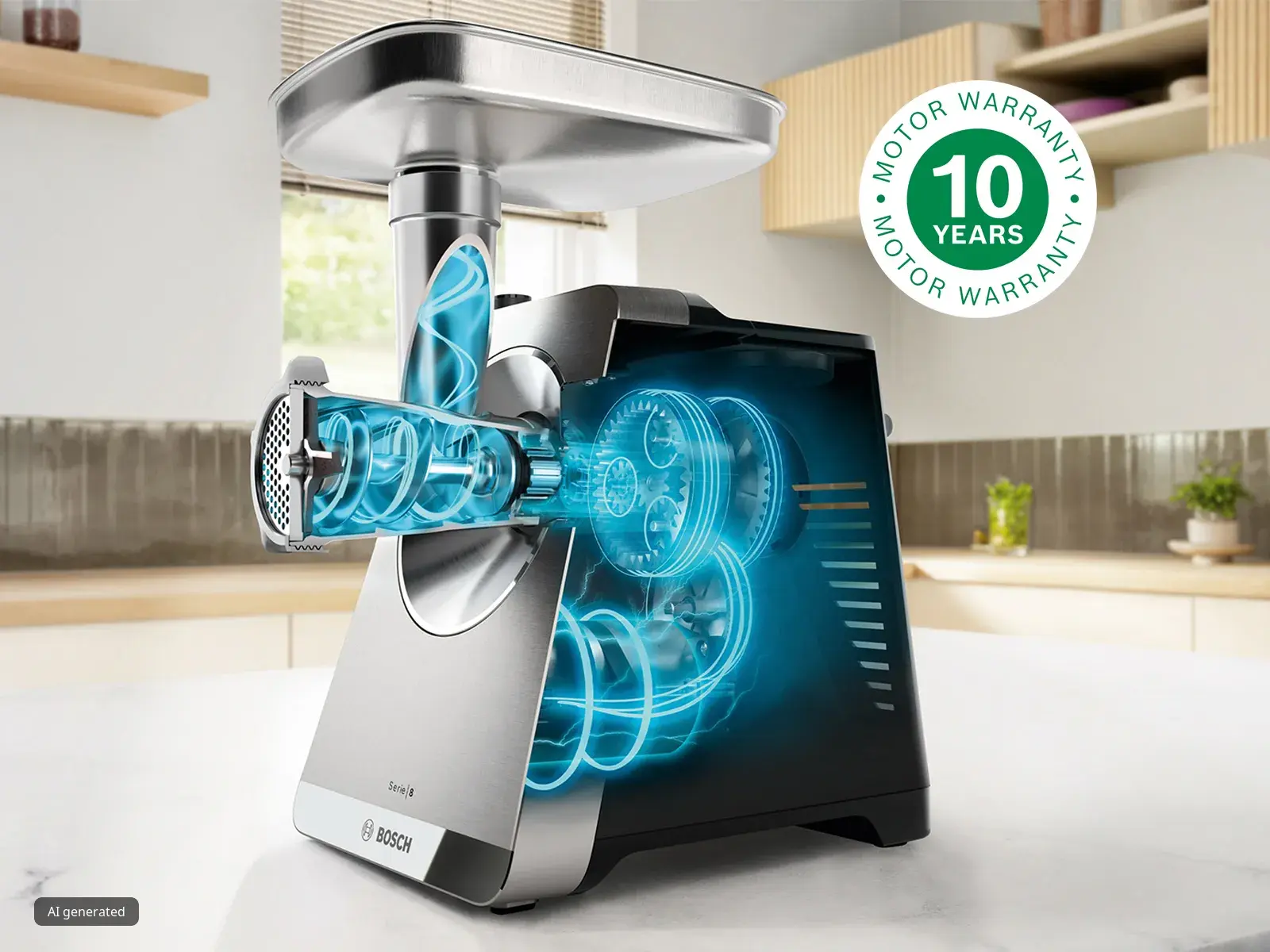 Месомелачка Bosch Серия 8 на мраморен плот със синьо осветен прозрачен вътрешен изглед на мотора и лого „10-годишна гаранция на мотора“ в светла модерна кухня.