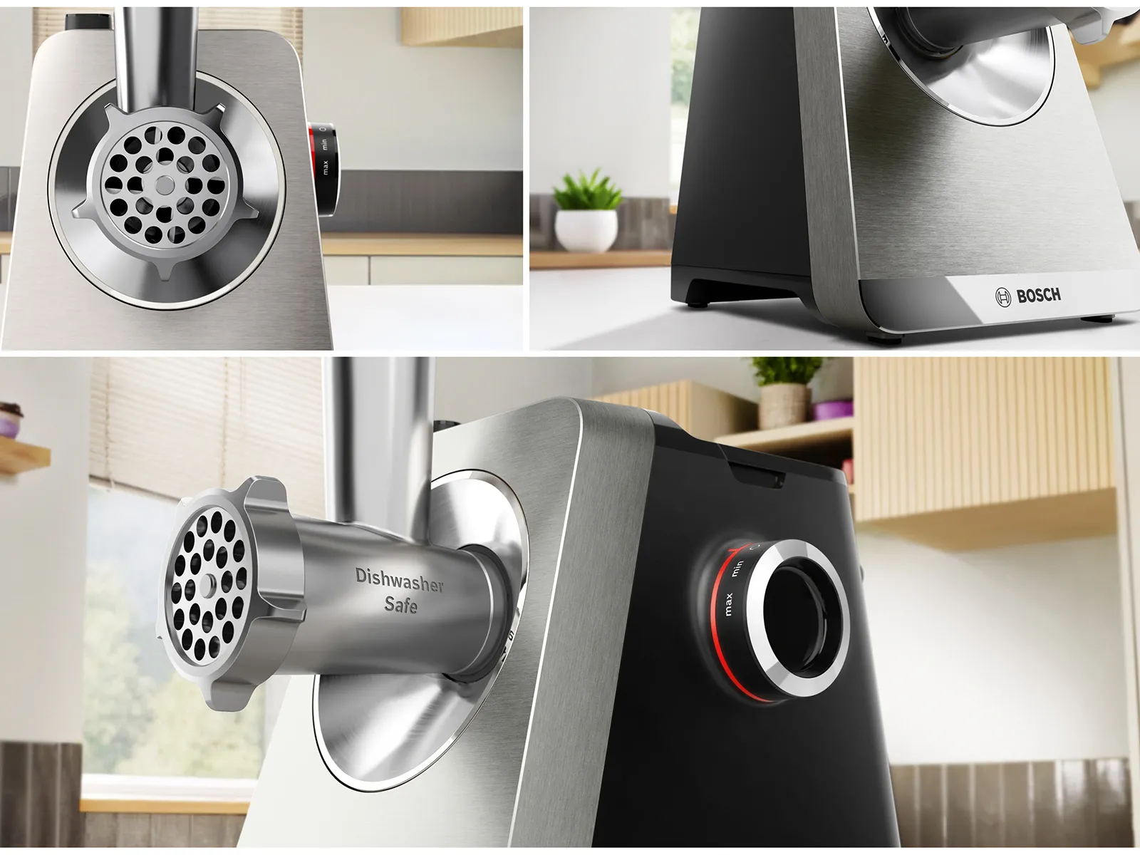 Κοντινό κολάζ κρεατομηχανής Bosch που δείχνει την μπροστινή πλάκα άλεσης, πλευρικό διακόπτη ρύθμισης, εξάρτημα κατάλληλο για πλυντήριο πιάτων και βάση με λογότυπο σε μια μοντέρνα κουζίνα.