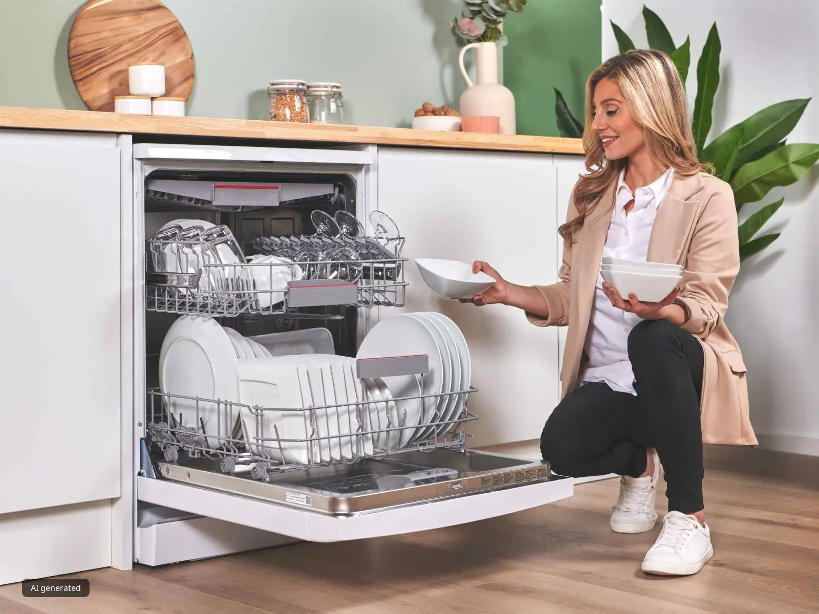 A smiling woman loads white bowls into a Bosch dishwasher filled with clean dishes, in a bright, modern kitchen.