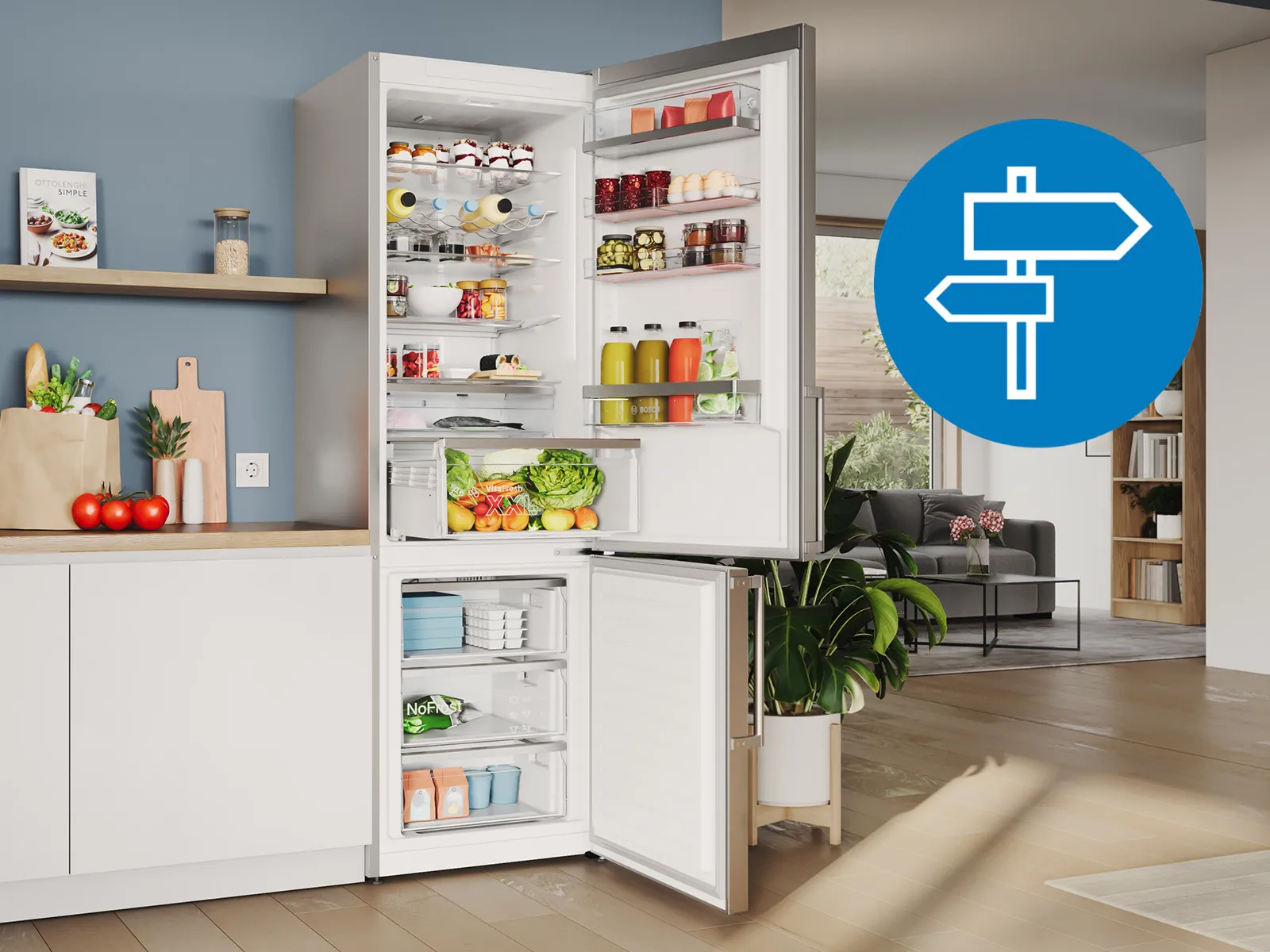 Freistehende Bosch Kühl-Gefrier-Kombination in einer weißen Küche.