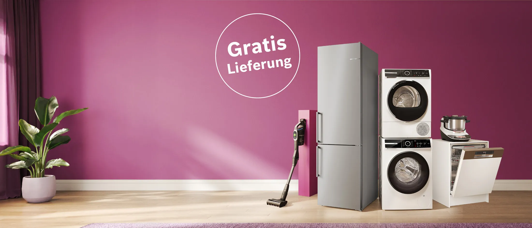 Bosch Hausgeräte vor pinker Wand, darunter Kühlschrank, Waschmaschinen & Trocknersatz, Geschirrspüler, Cookit & Staubsauger, daneben Kreis mit Text 'Gratis Lieferung'.