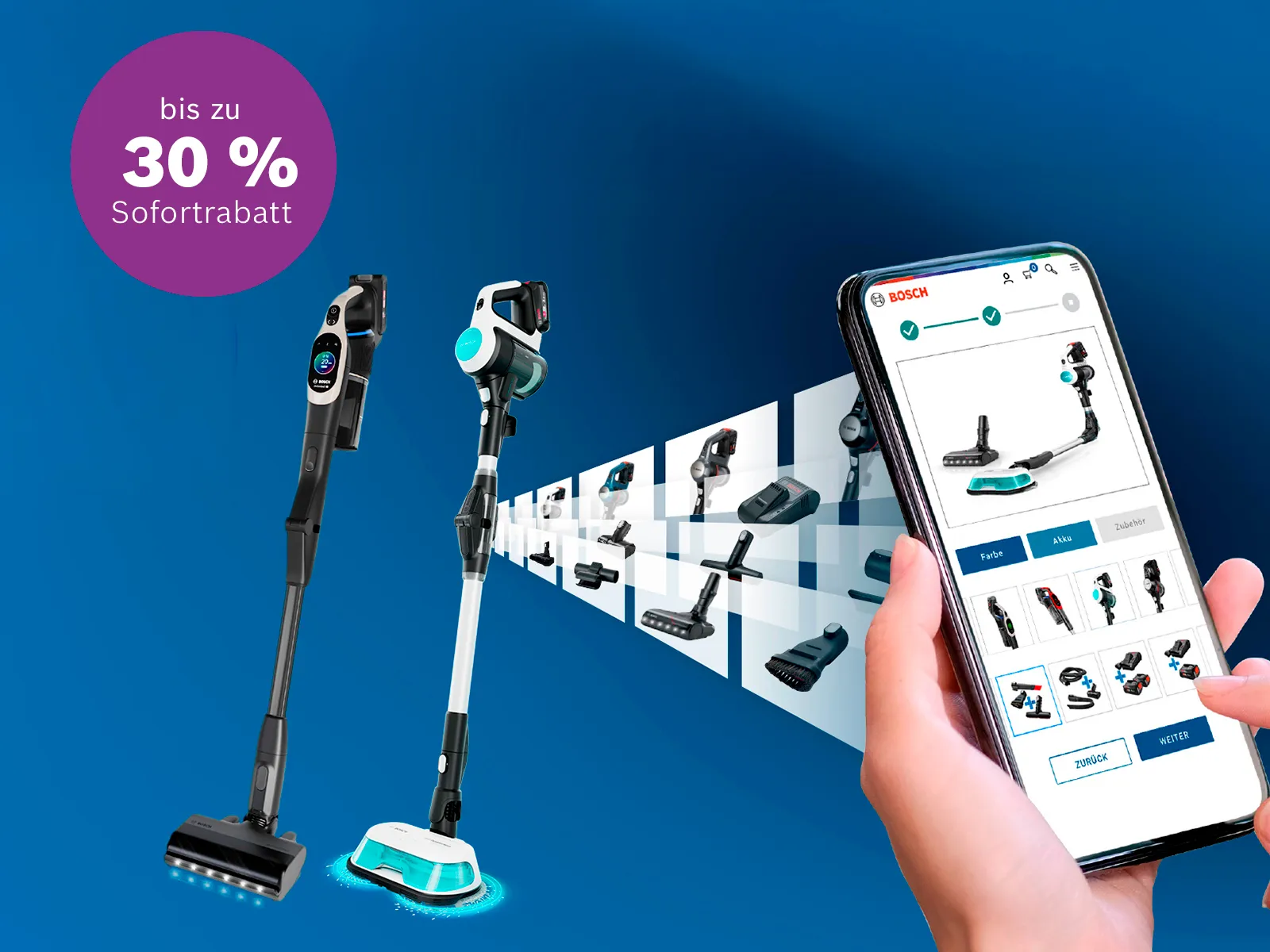 Ein Smartphone zeigt Bosch-Staubsaugeraufsätze, während zwei Staubsauger vor einem blauen Hintergrund stehen und ein Rabatt von bis zu 30 % beworben wird.