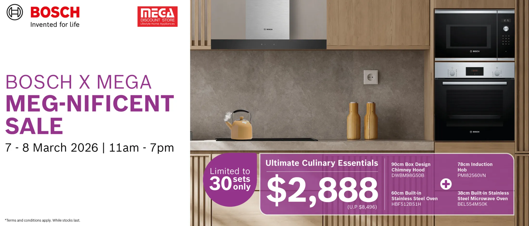 Bosch food processor with touch display surrounded by various fresh vegetables on a table.