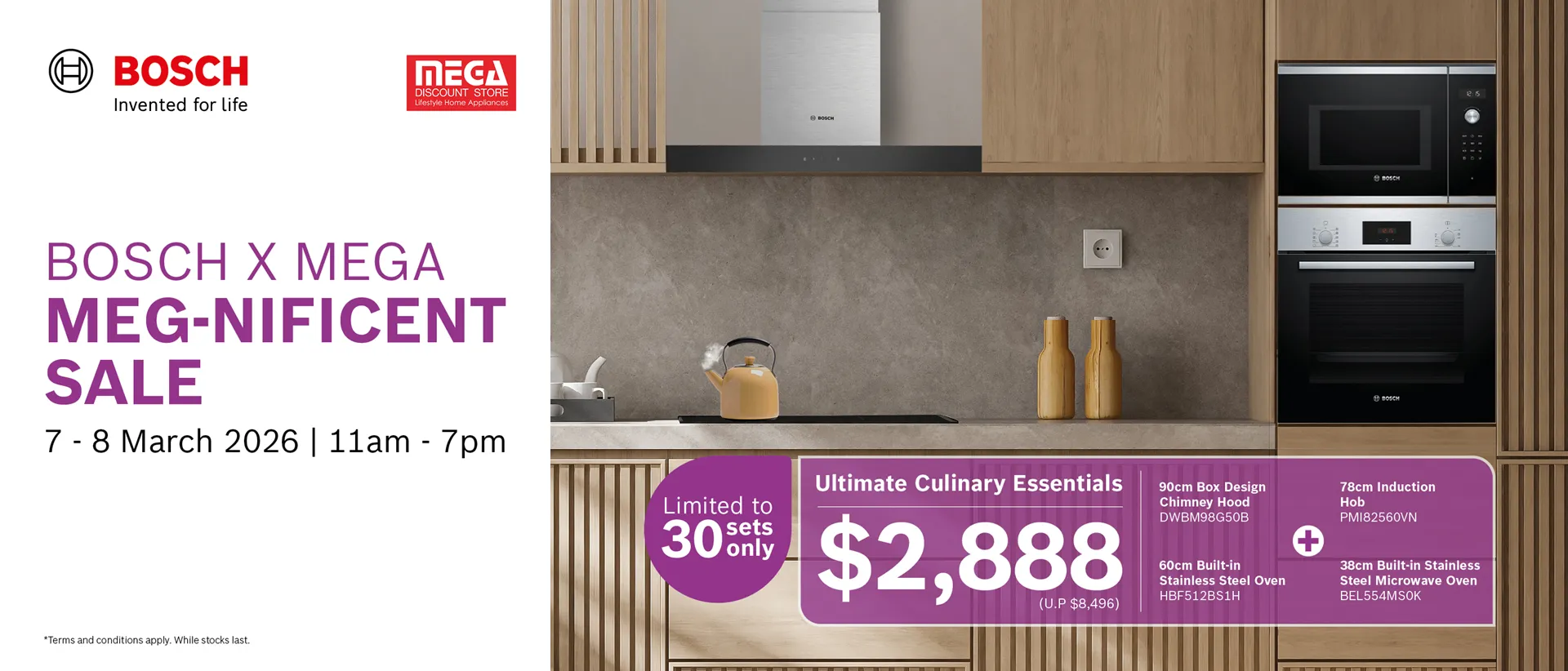 Bosch food processor with touch display surrounded by various fresh vegetables on a table.