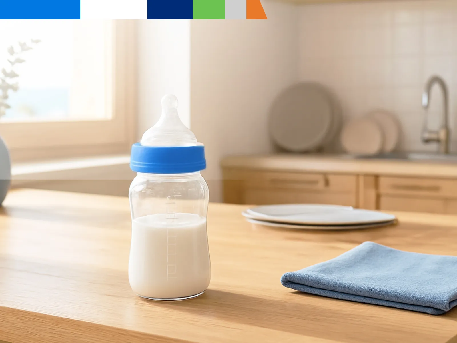 Biberón con leche sobre encimera de madera en cocina.