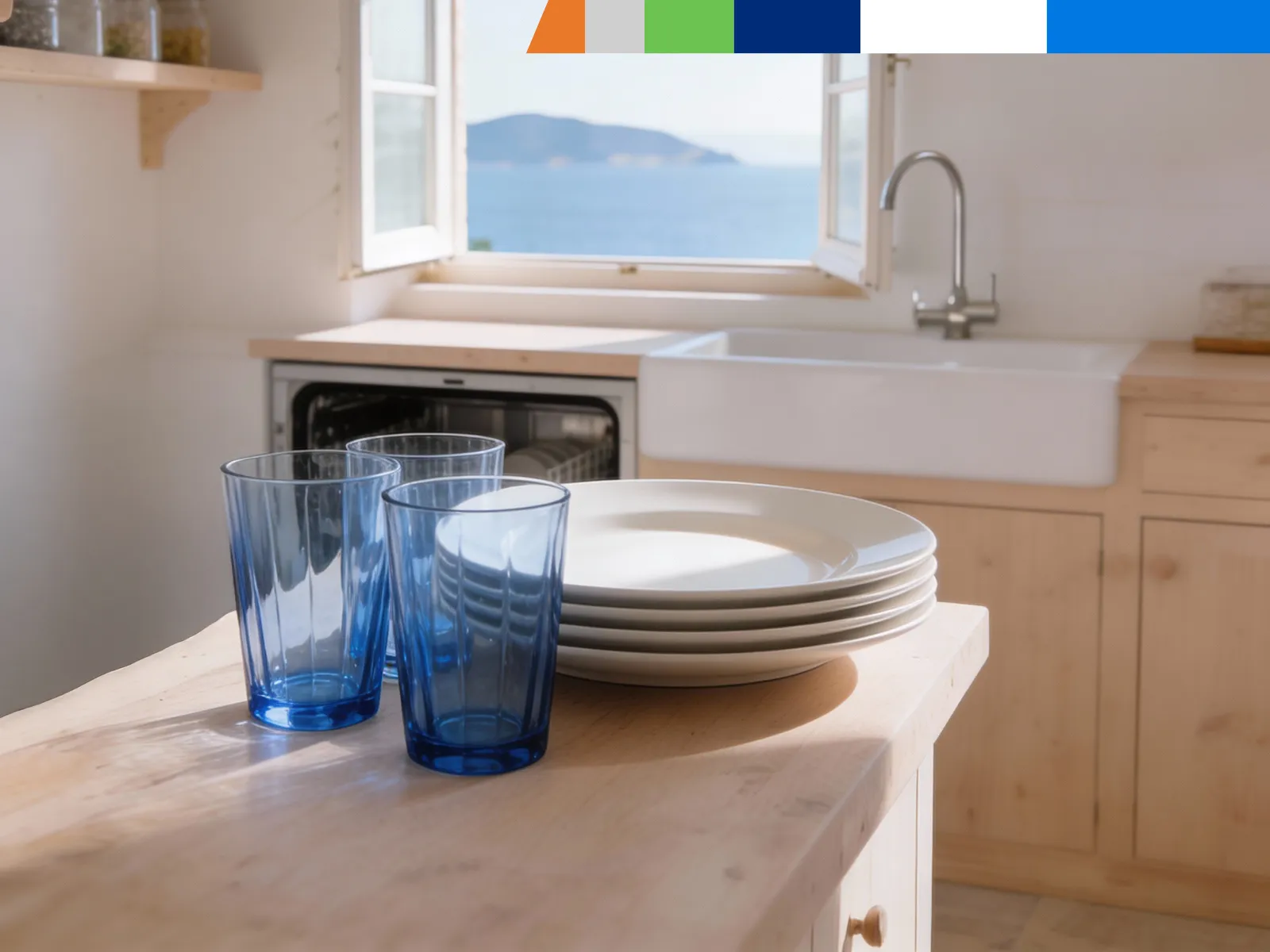 Platos y vasos apilados en una encimera de cocina. Fregadero, lavavajillas Balay y ventana abierta.​