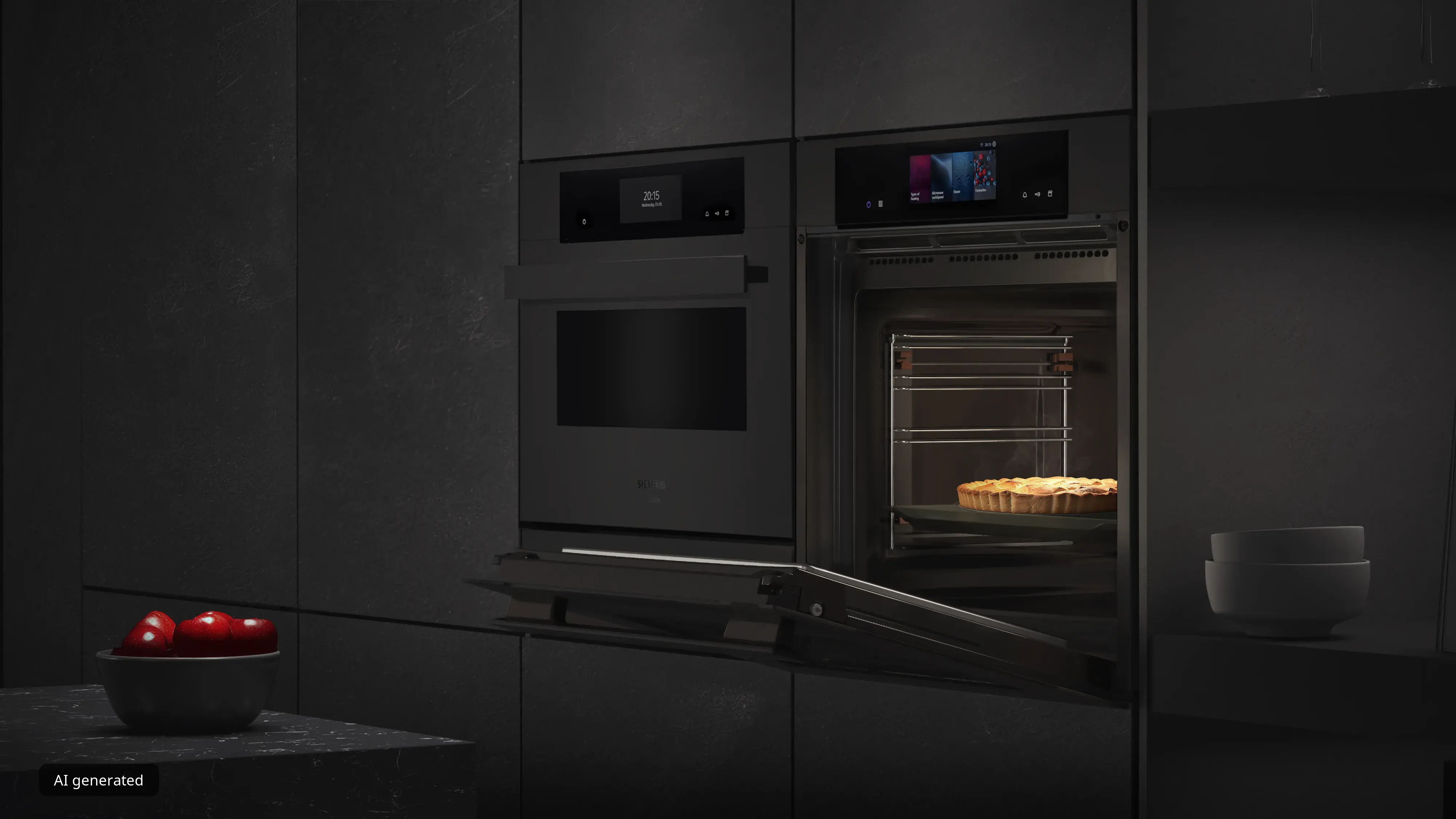 In questa cucina, diversi eleganti elettrodomestici Siemens di colore nero sono integrati in una parete testurizzata e illuminati da un elemento di design.