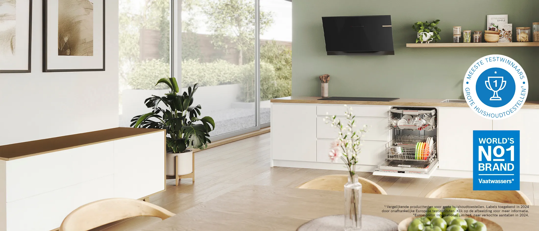 Bosch ingebouwde vaatwasser naadloos geïntegreerd in een wit keukendesign, wat zorgt voor een stijlvolle uitstraling.