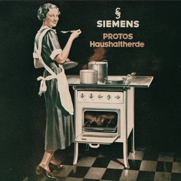 A vintage advertisement showing a smiling woman in an apron cooking on a Siemens stove, with text "Siemens Protos Haushalttherde