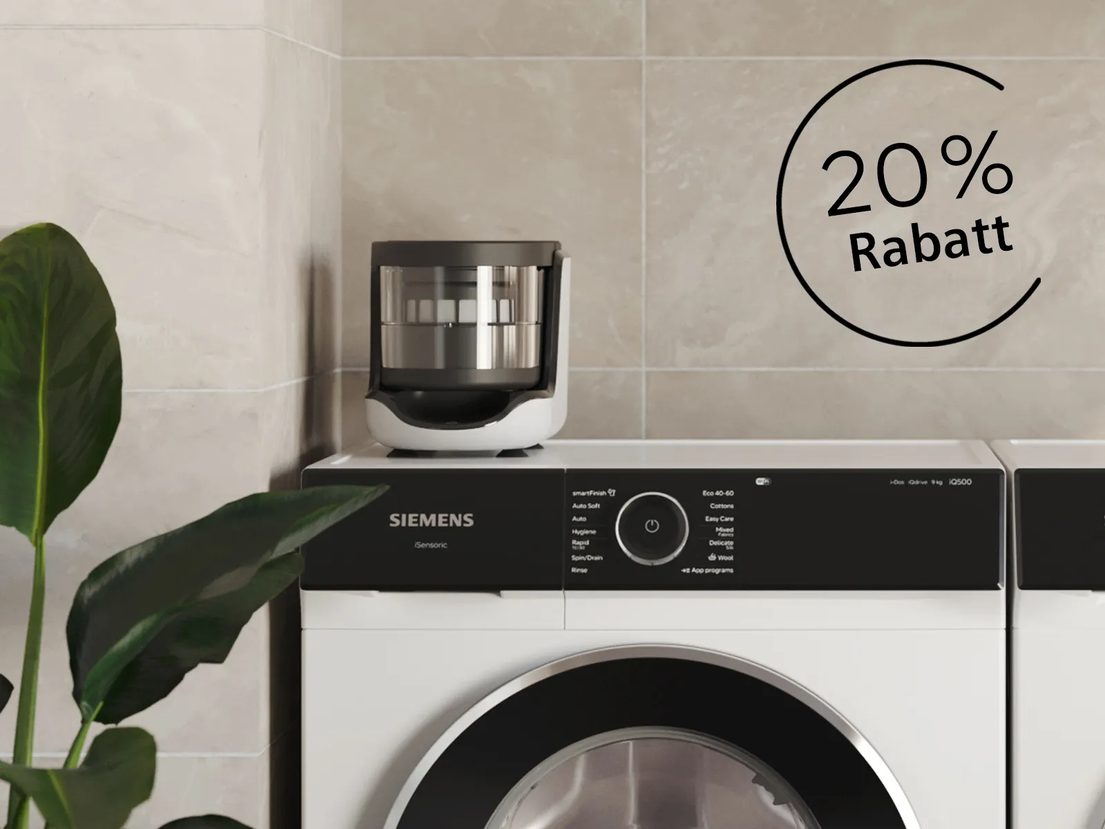 Siemens Waschmaschine mit externen Mikroplastikfilter und Hinweis auf aktuelle Aktion mit Rabatt auf Zubehör im Siemens Online Shop