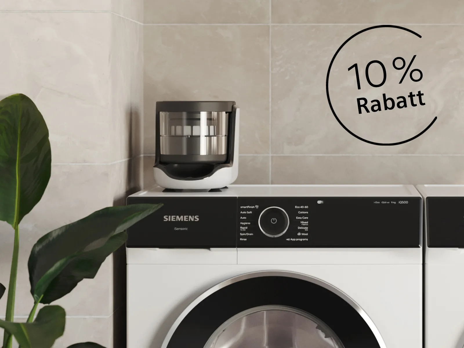 Siemens Waschmaschine mit externen Mikroplastikfilter und Hinweis auf aktuelle Aktion mit Rabatt auf Zubehör im Siemens Online Shop