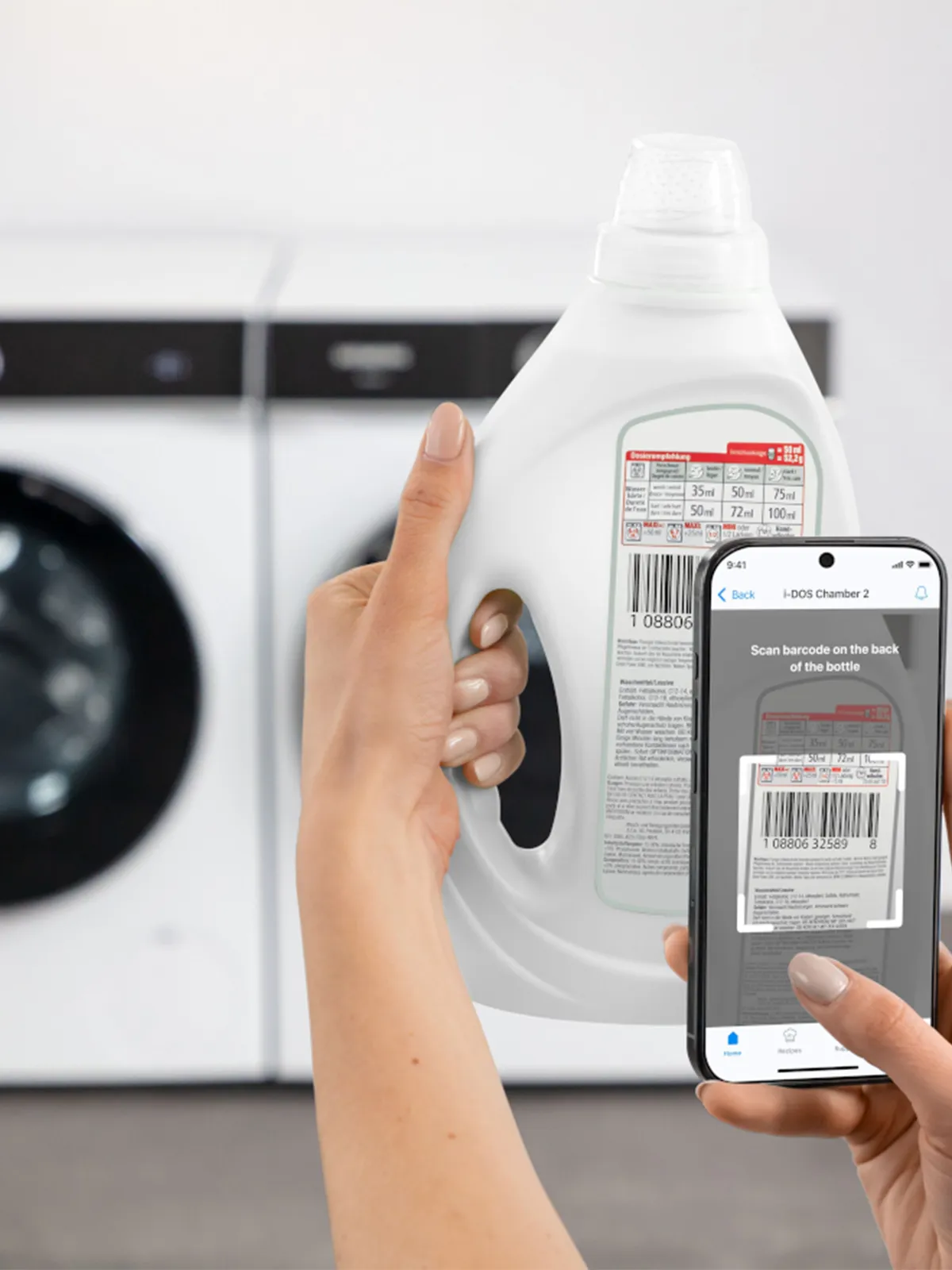 Home Connect app on a phone scanning detergent for the washing machine