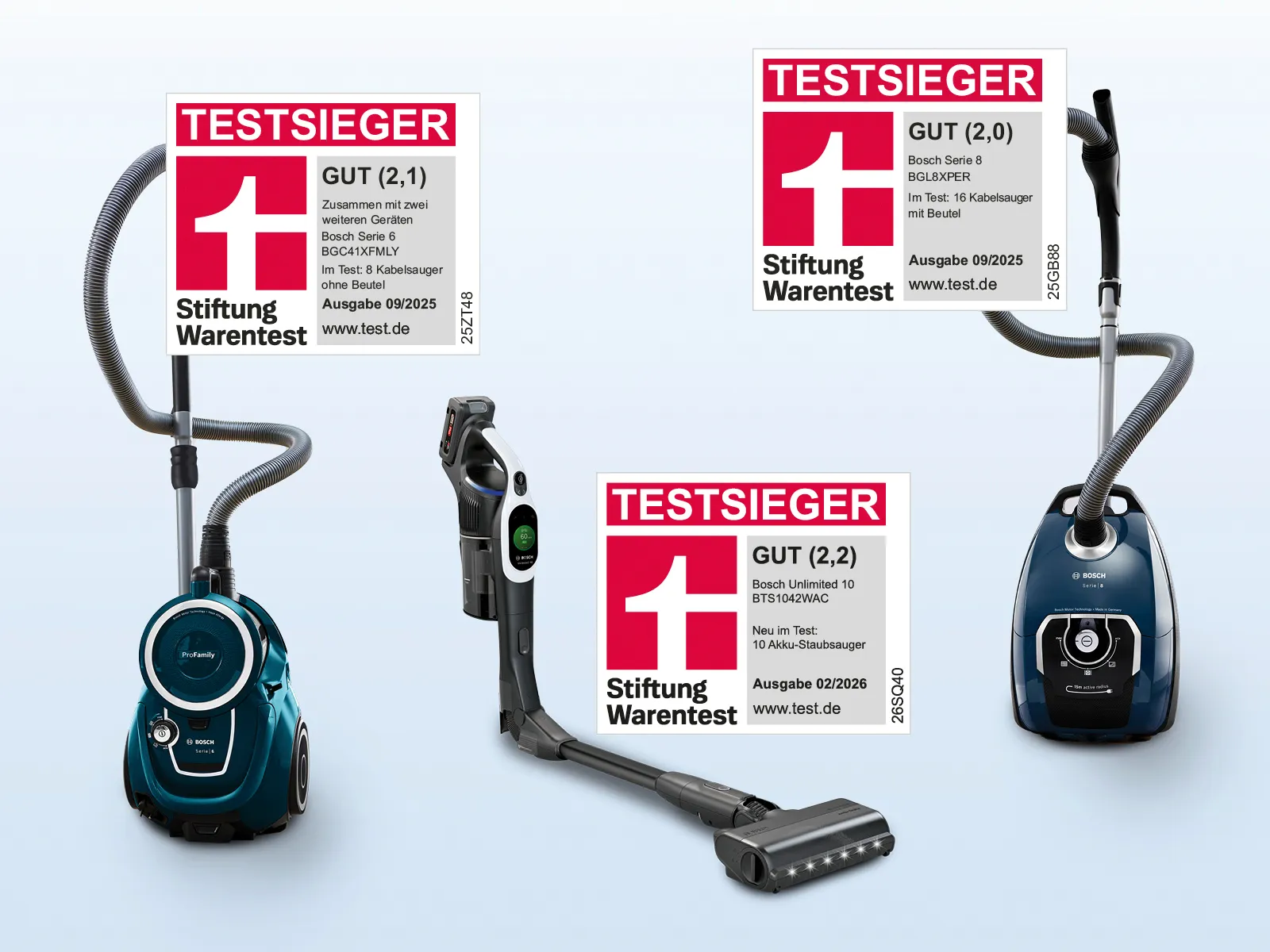 Drei unterschiedliche Bosch Staubsauger-Modelle sind zusammen mit den Auszeichnungen von Stiftung Warentest abgebildet.