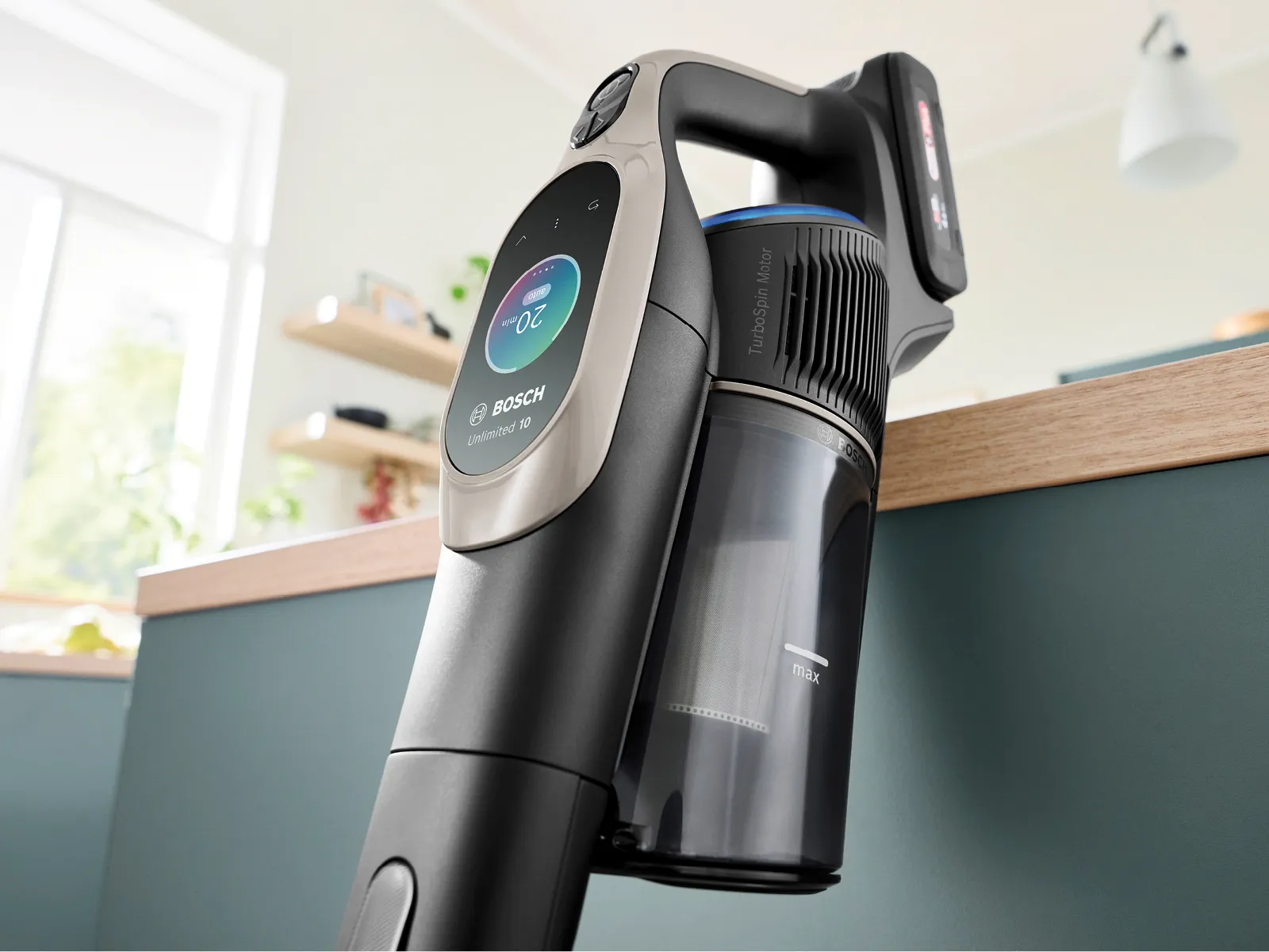 Nahaufnahme des Handgeräts eines Bosch Akku-Staubsaugers.