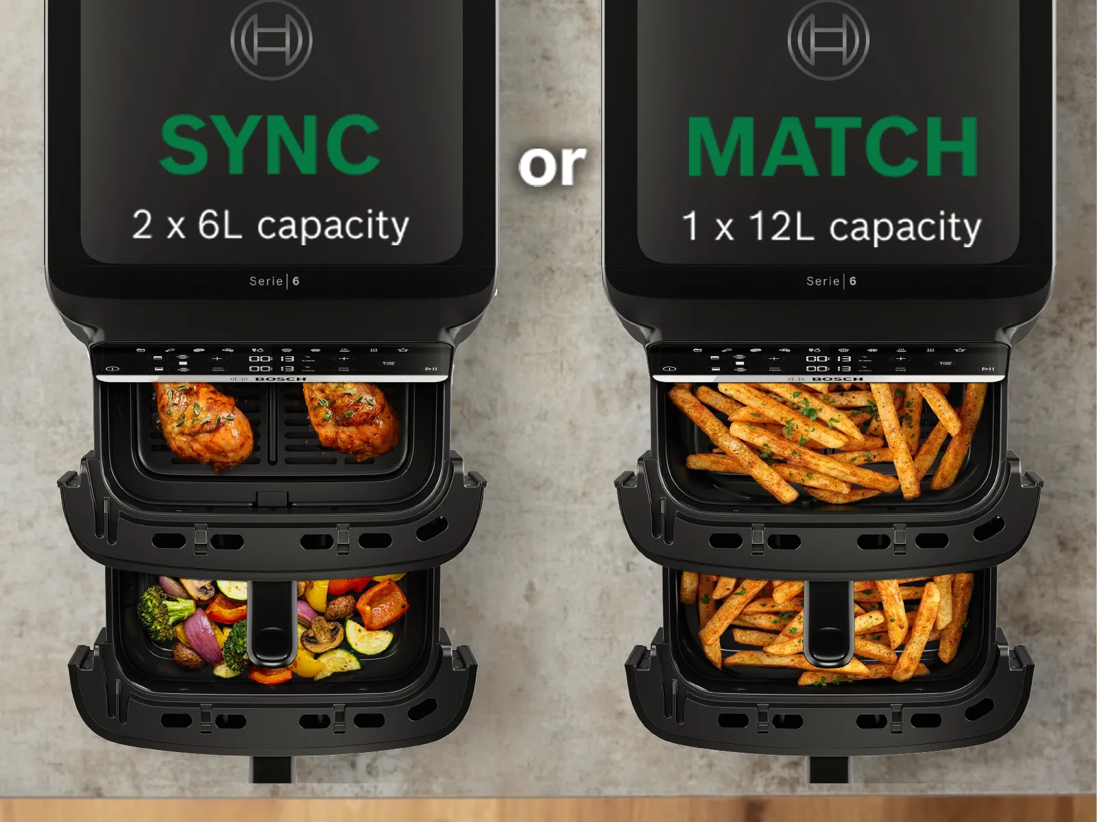 The SYNC and MATCH-functions on the Bosch Series 6 Double Stack Drawer are showcased.