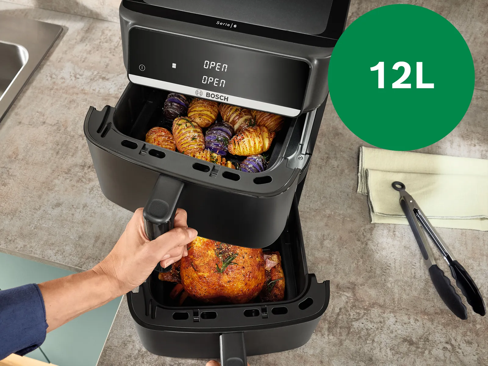 The two different drawers of the Series 6 Double Stack Drawer are shown and the capacity they have.