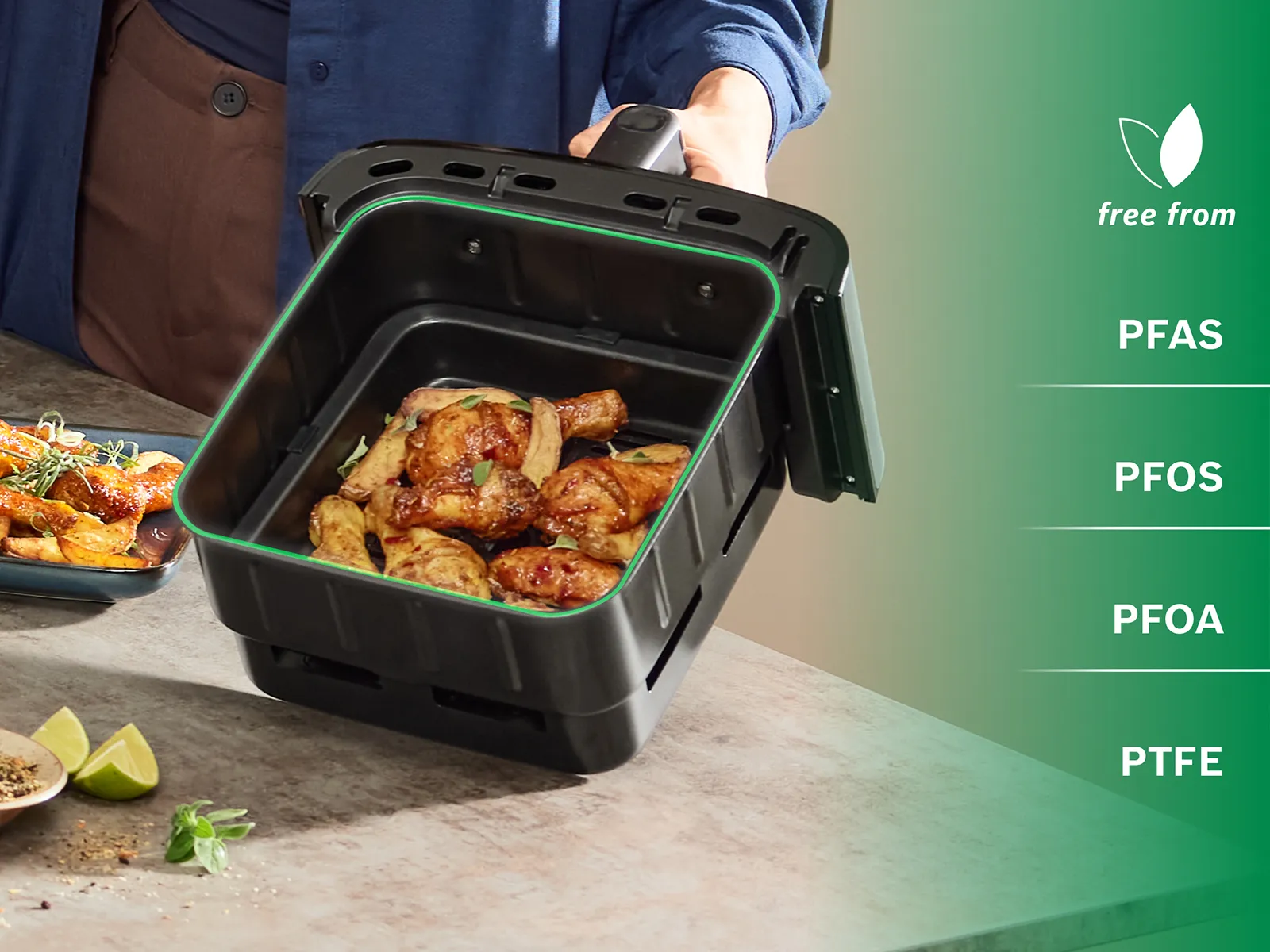 The PFAS-free coating and non-toxic ceramic coating of the drawer is shown.