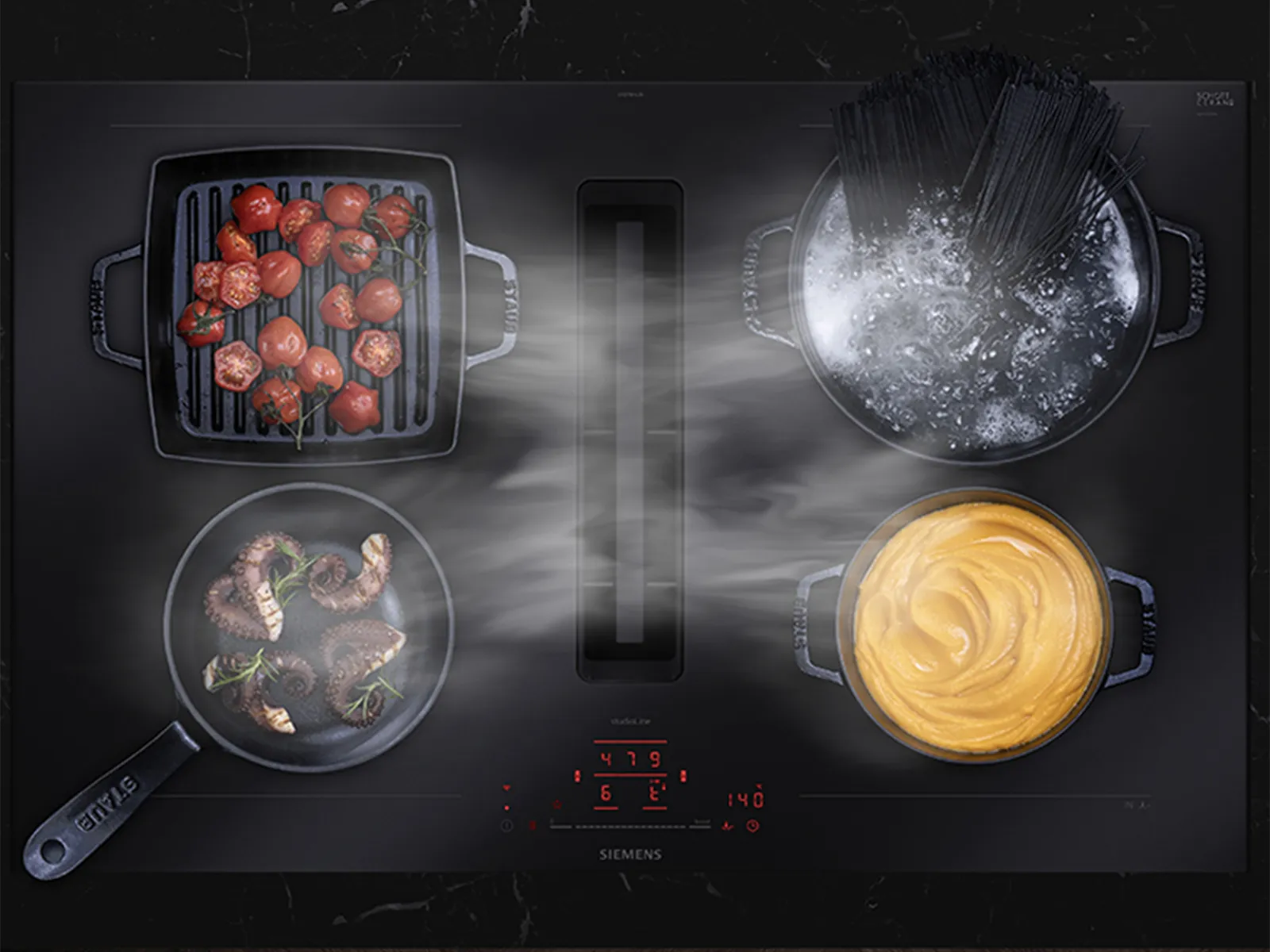 A top view of a flexZone hob featuring pots and pans with food