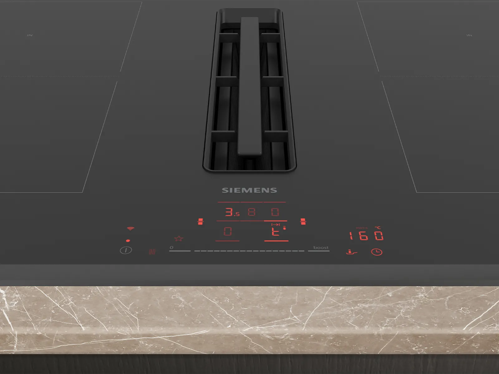 A black Siemens induction cooktop with an integrated downdraft extractor, featuring red digital controls displaying cooking settings and a timer, set into a light marble countertop.