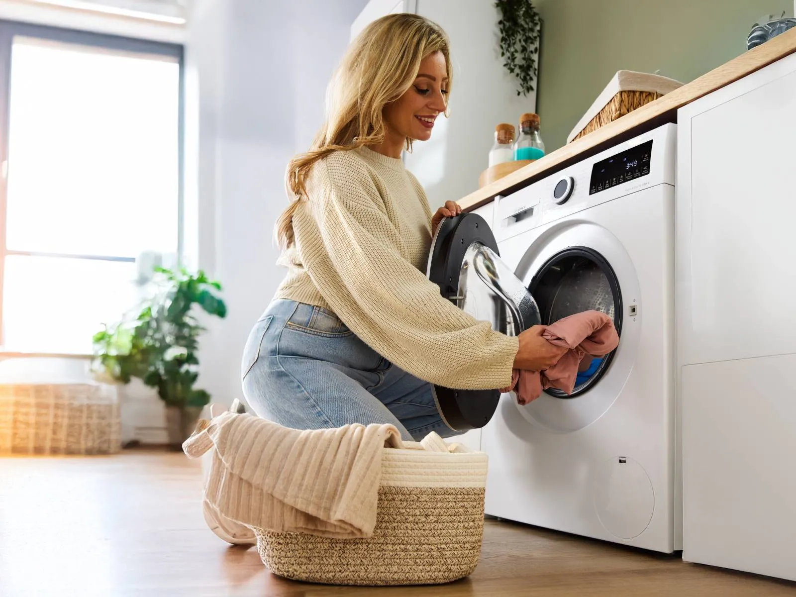 Laundry room with washing machine, dryer, clothes rack, and neatly folded towels.