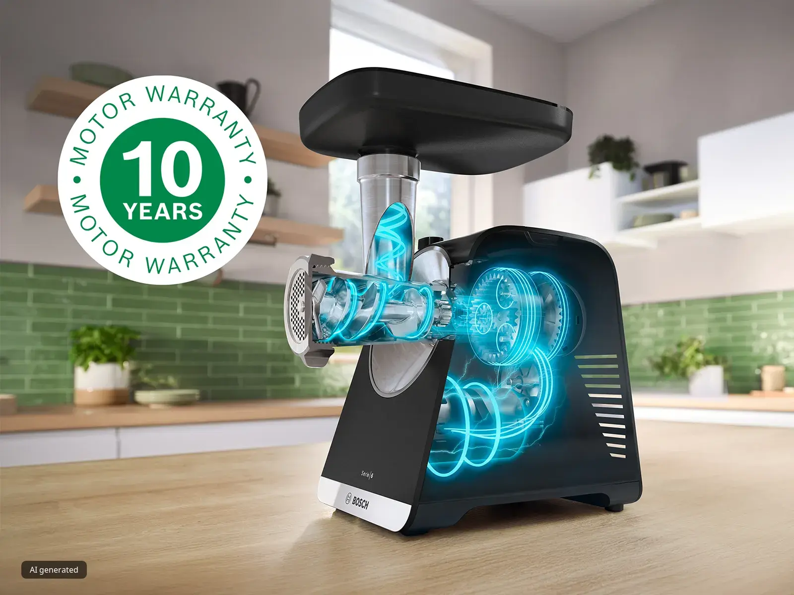 Hachoir à viande électrique sur un plan de travail de cuisine, avec des engrenages internes lumineux et un badge « Garantie moteur 10 ans ».