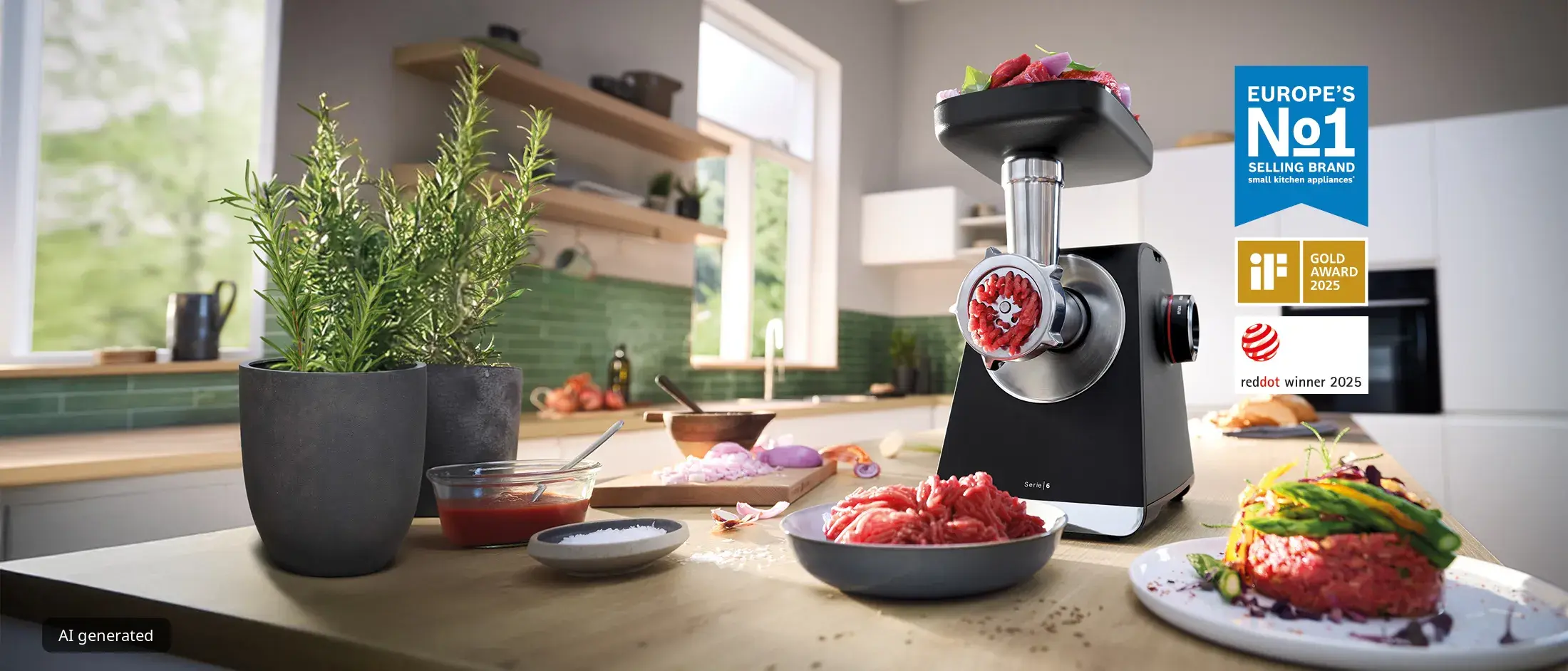 Une scène de cuisine moderne avec un hachoir à viande, des ingrédients frais et des badges de récompense, mettant en valeur une cuisine innovante.