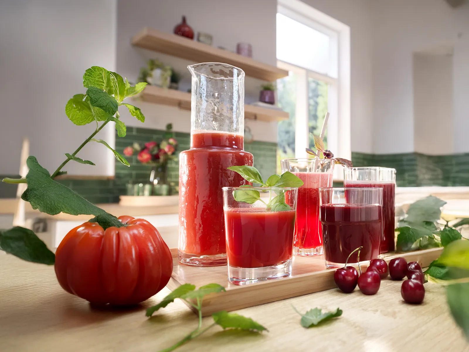 A vibrant kitchen scene featuring a pitcher and various glasses of red juices, fresh mint, a tomato, and cherries on a wooden surface.