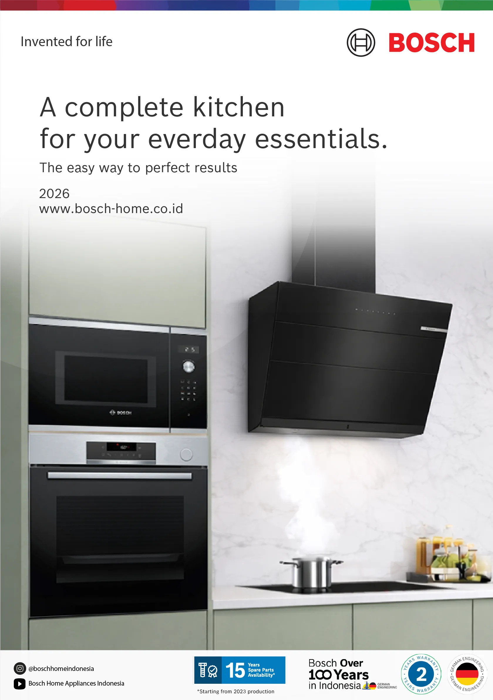 A Bosch kitchen brochure cover displaying a black built-in oven, microwave, and angled cooker hood in a modern kitchen.