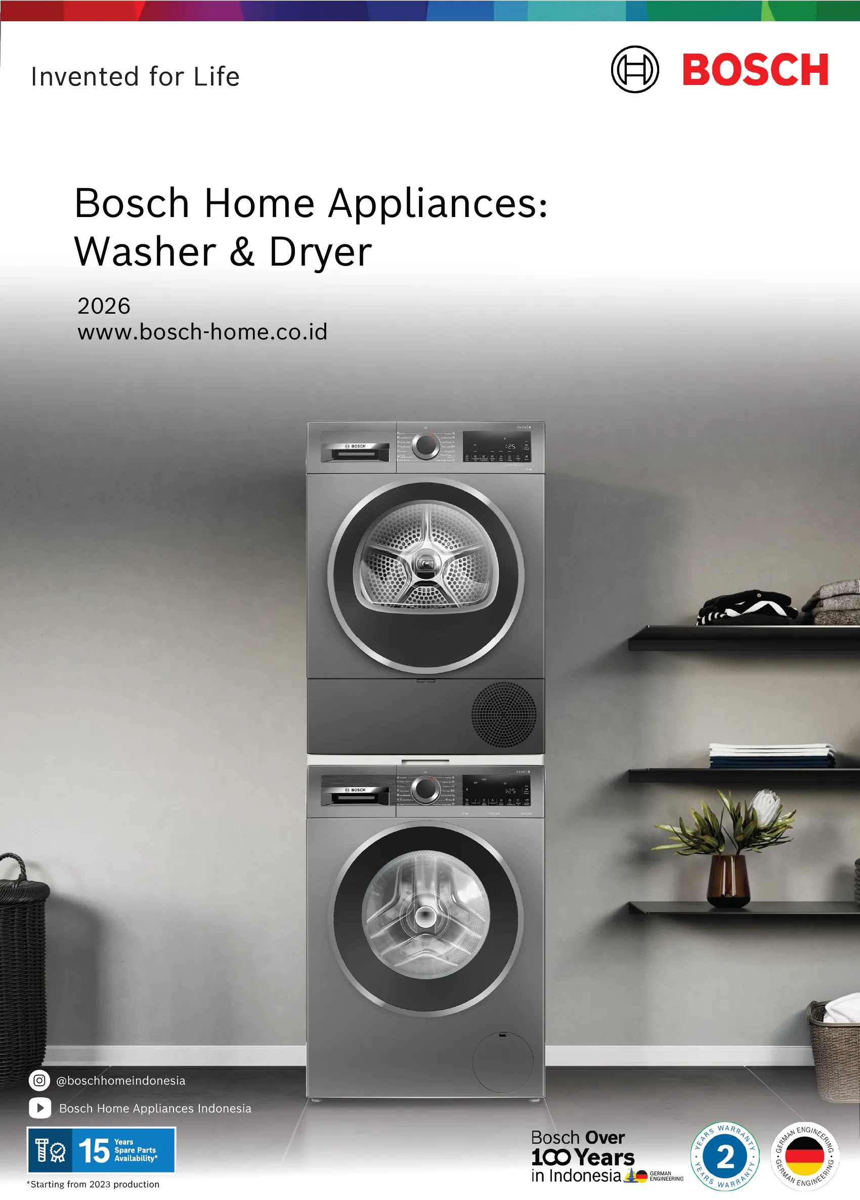A Bosch washer and dryer brochure cover showing a silver washing machine and tumble dryer stacked vertically in a modern laundry room.