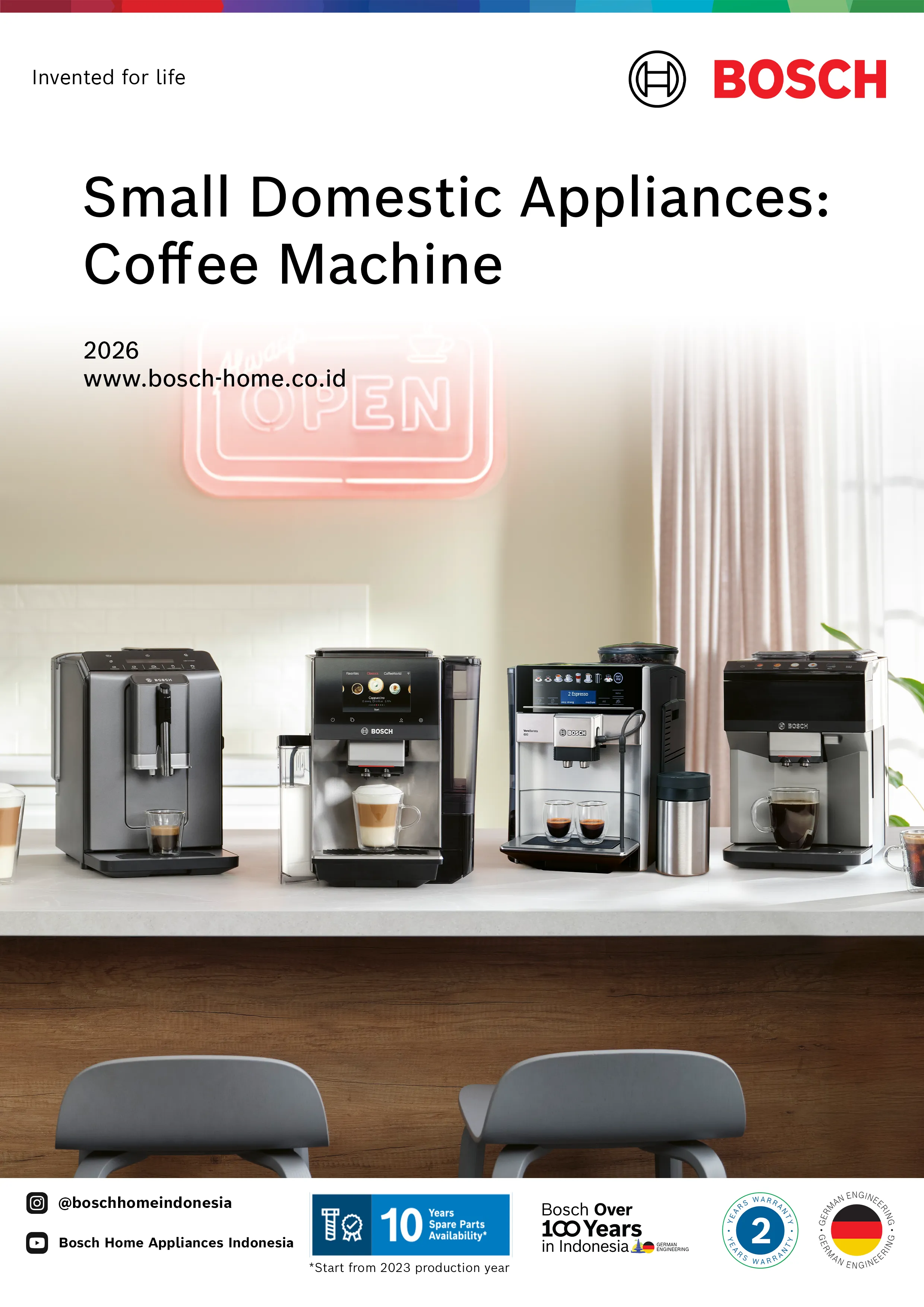 A Bosch coffee machine brochure cover displaying four different models of fully automatic espresso machines lined up on a counter.