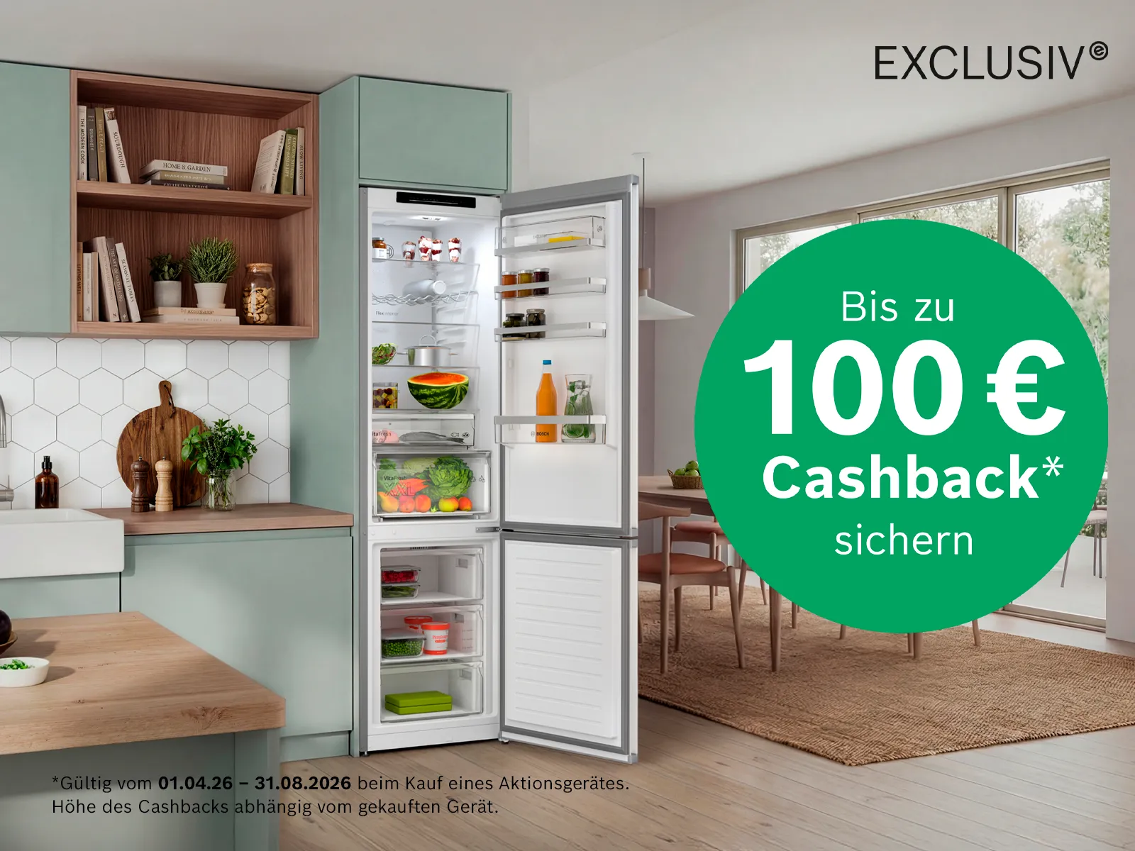 Das Bild zeigt verschiedene moderne Küchengeräte mit einem Werbetext, der bis zu 100 € Cashback verspricht.