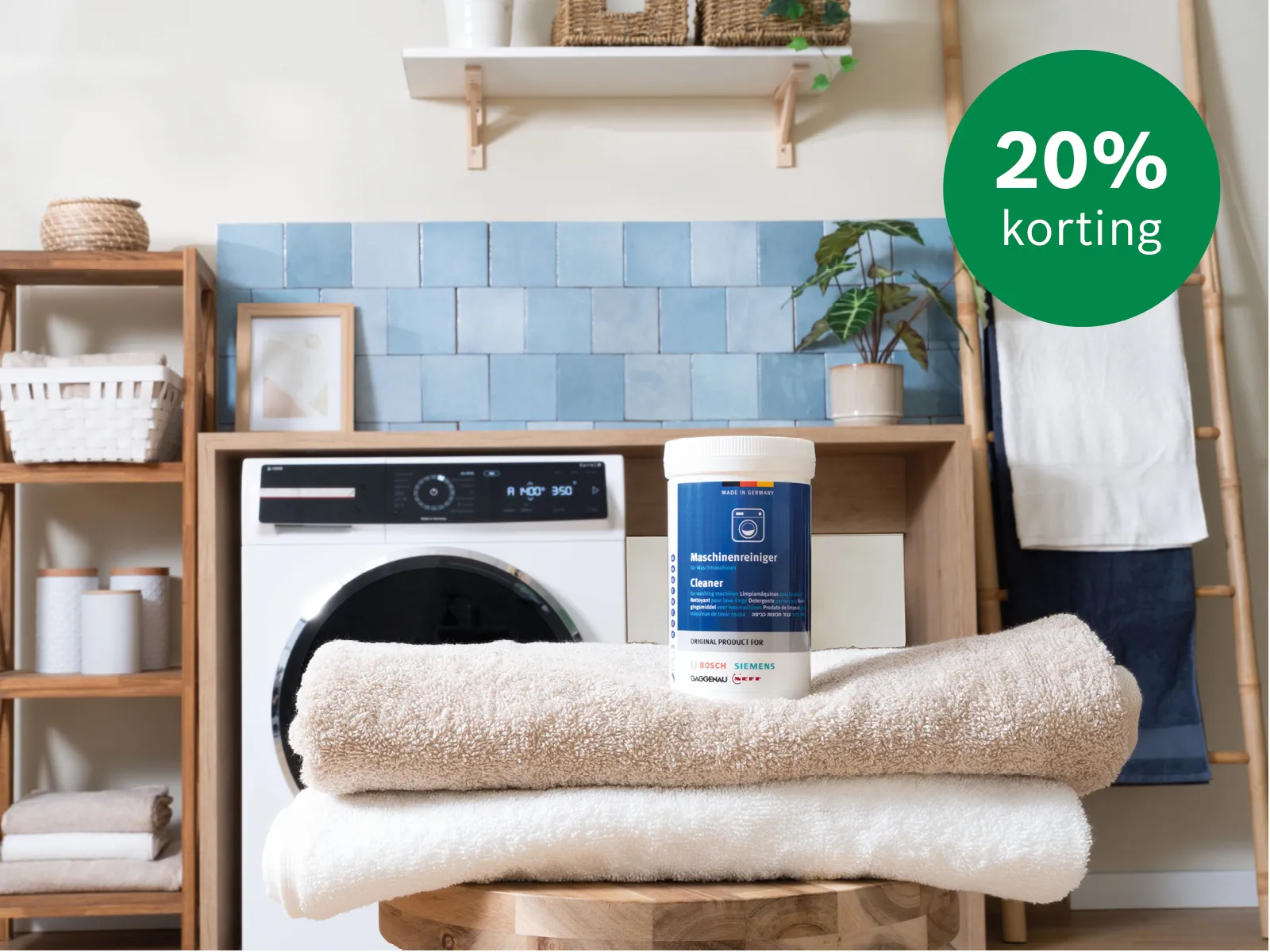 Nu 20% korting op accessoires en reinigingsmiddelen voor wasmachines en drogers.
