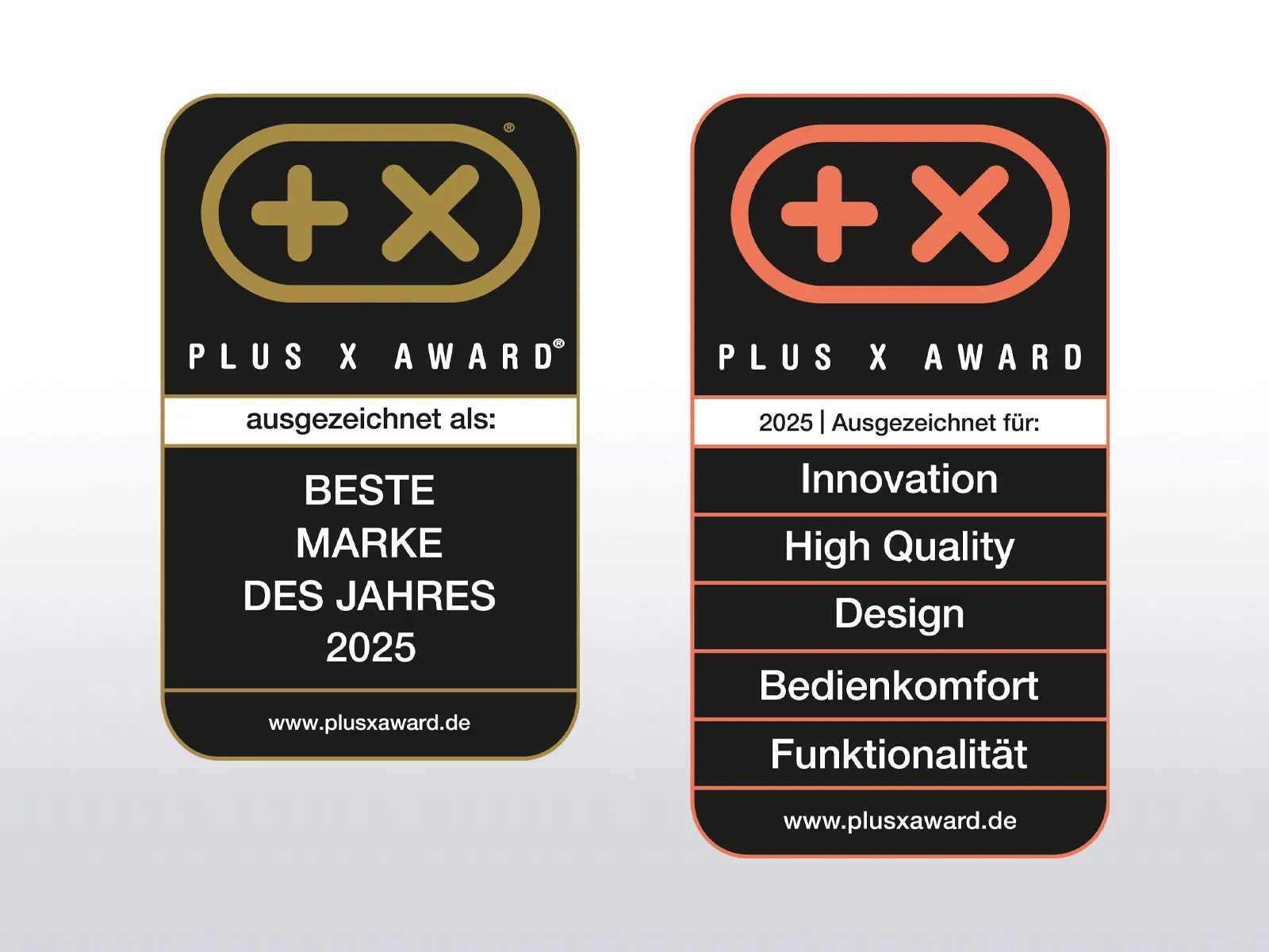 Plus X Award Siegel „Beste Marke des Jahres 2025“ – ausgezeichnetes Design und Flex Design im Fokus.
