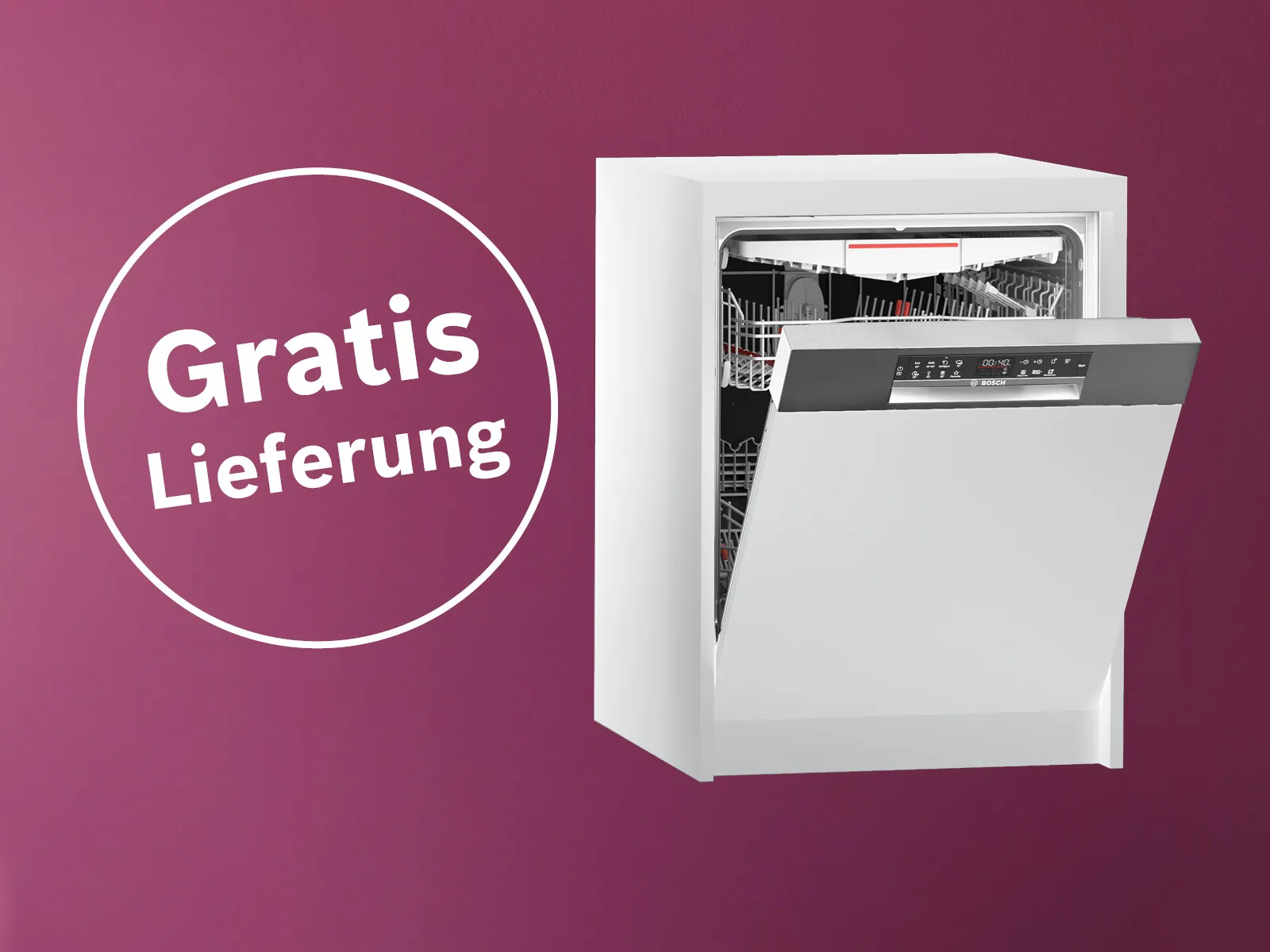 Offener Bosch Geschirrspüler mit sichtbarem Innenraum und Besteckkorb vor violettem Hintergrund, daneben ein weiß umrandeter Kreis mit dem Text 'Gratis Lieferung'.
