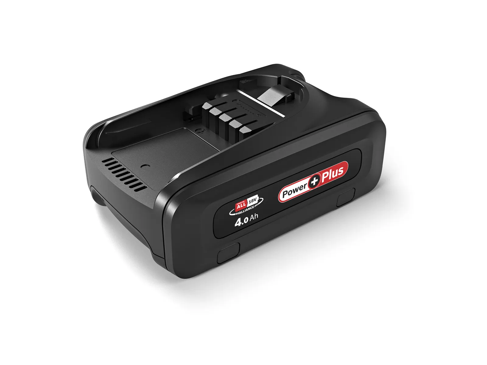Ein Bosch Power Plus-Akkupack mit einer Kapazität von 4,0 Ah, einem eleganten schwarzen Design und einer roten Akzenttaste.