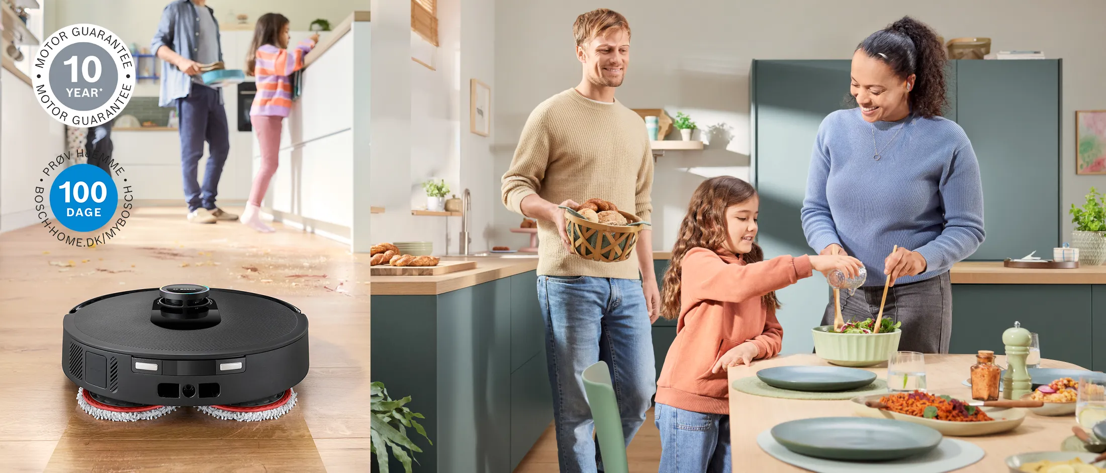 Familien forbereder et måltid, og der opstår snavs på gulvet. Robotten gulvet ren.