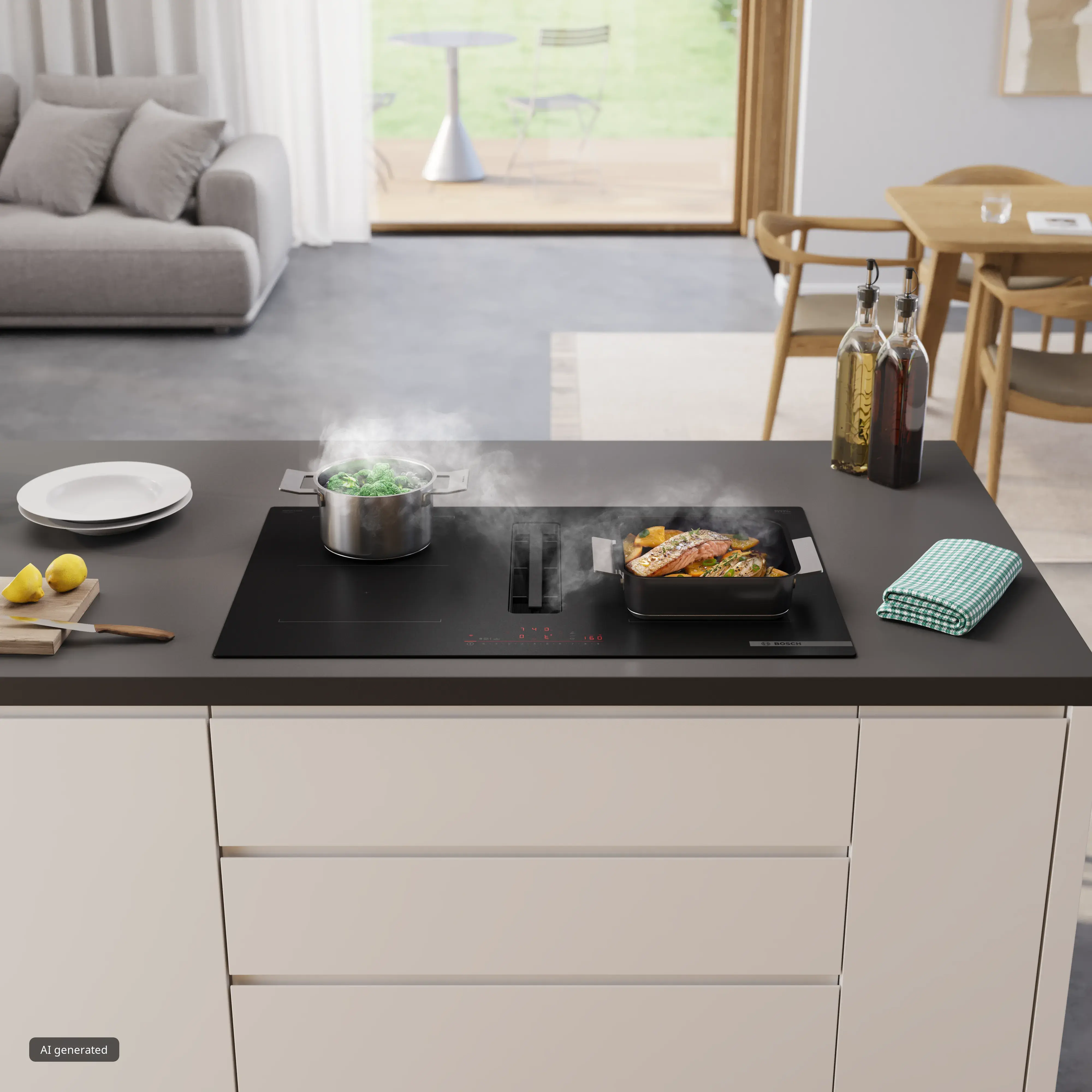 Piano cottura a induzione Bosch con aspirazione integrata, in funzione durante la preparazione di pietanze, installato su un’isola cucina moderna dal design elegante e aperto.
