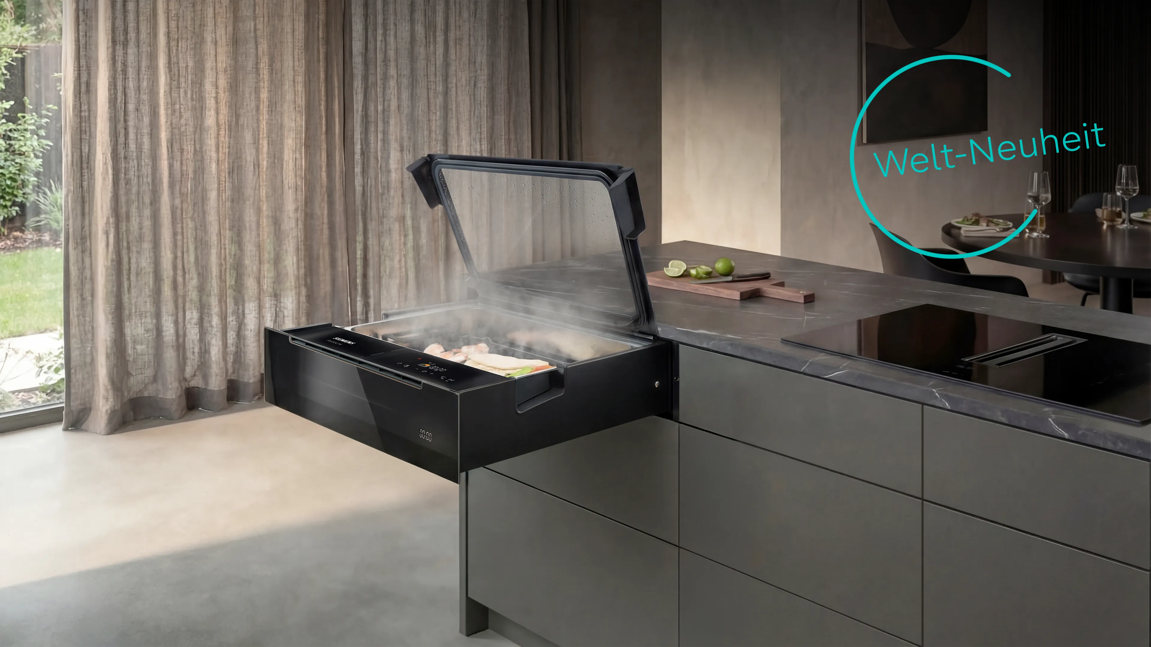 Siemens studioLine Dampfschublade mit geöffnetem Fach, gefüllt mit Gemüse, Fisch und Garnelen beim Dampfgaren in moderner Einbauküche.