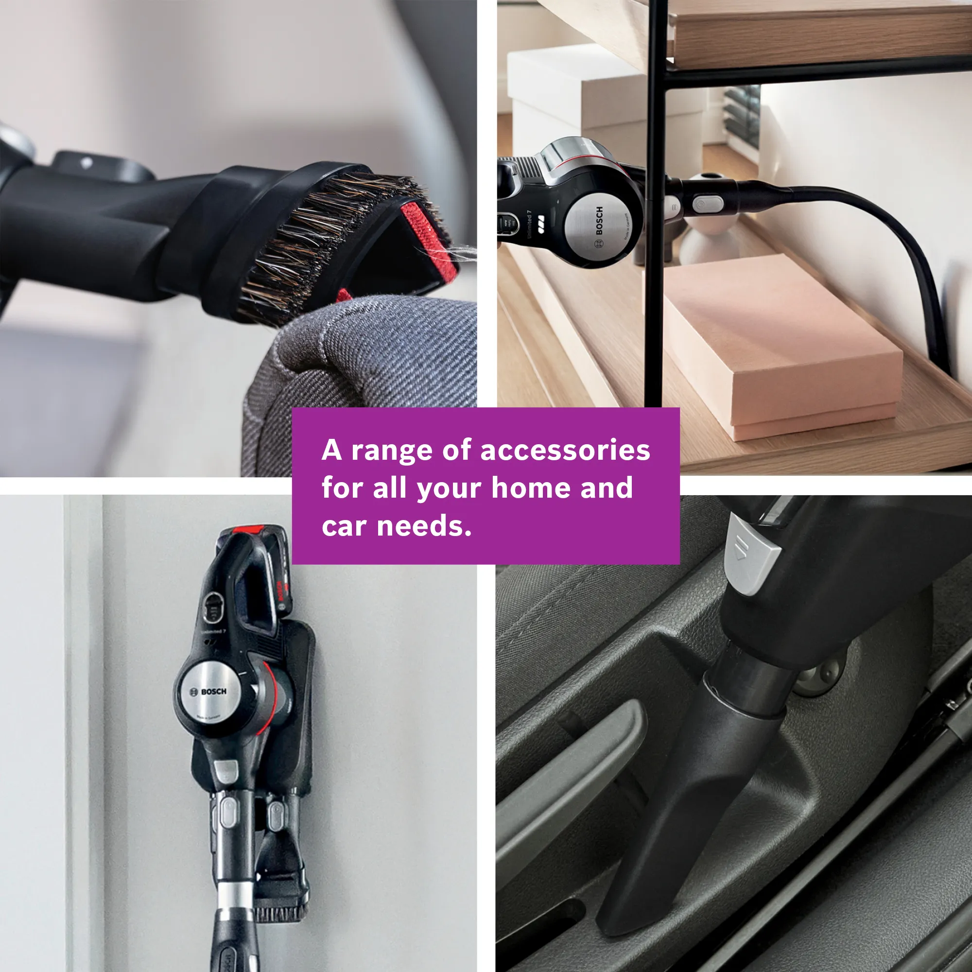 A collage of four images showcasing Bosch vacuum cleaner accessories for home and car, including a brush, a flexible hose, the main unit mounted, and a crevice tool in a car interior.
