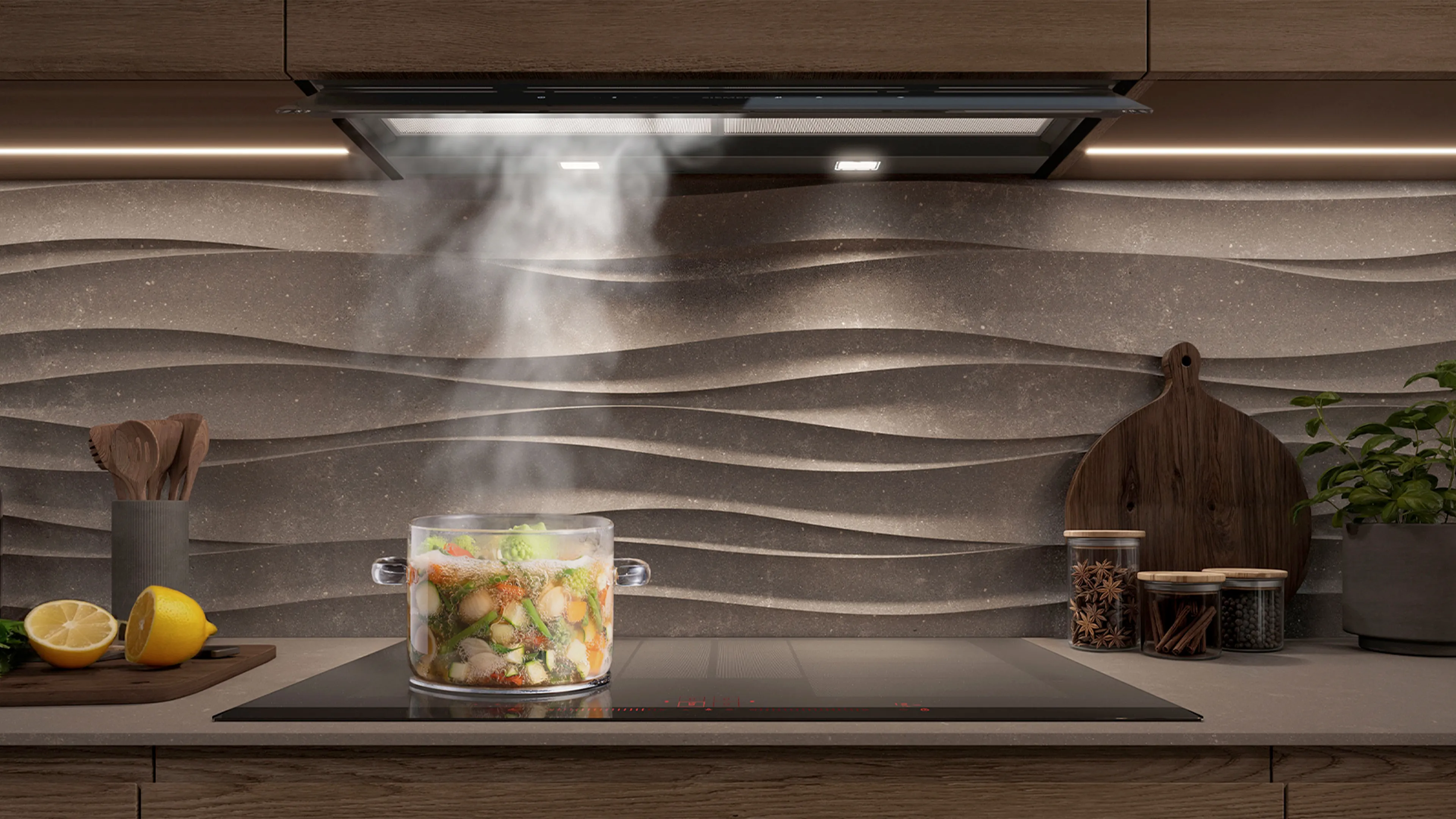 Modern kitchen with island cooktop, dining area in the background, and subtle lighting.