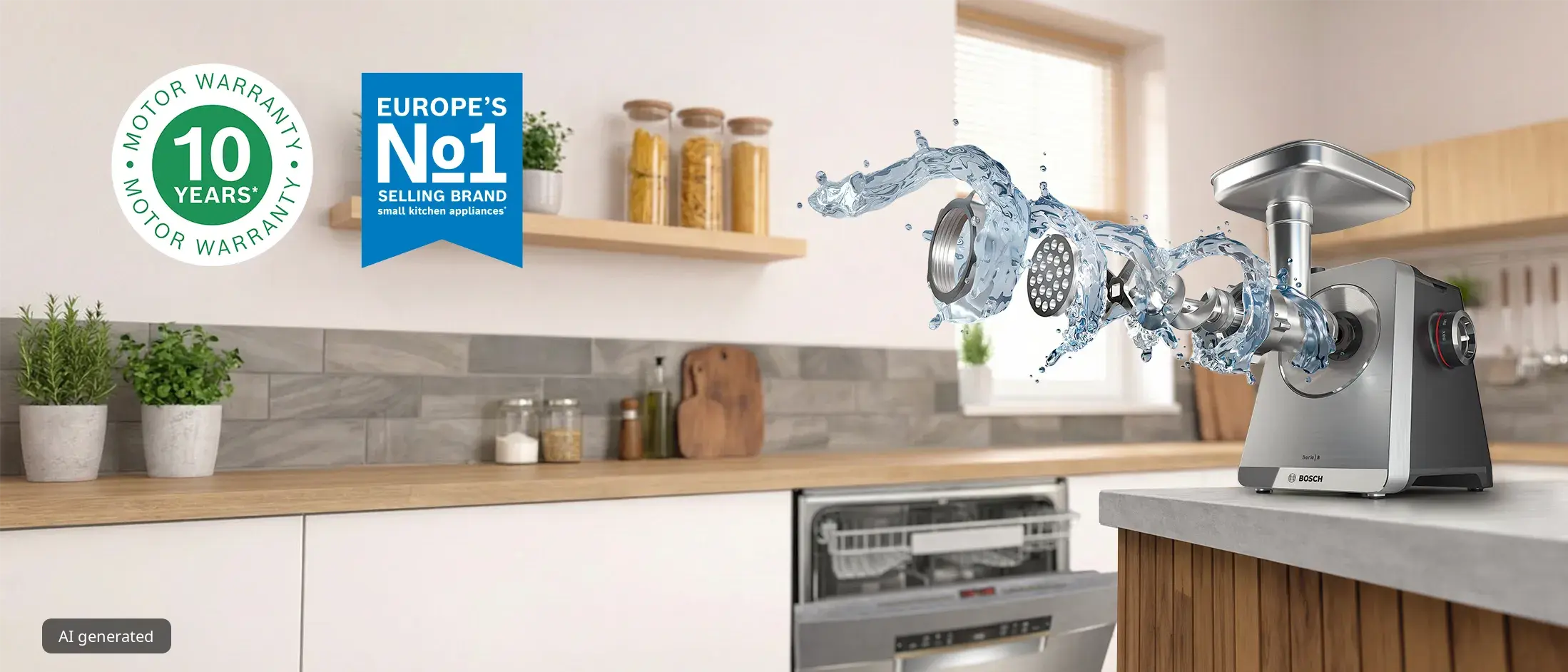 Месомелачка Bosch на плот с части, въртящи се във вода, с акцент върху частите, подходящи за съдомиялна машина, плюс лога с марка номер 1 и 10-годишна гаранция на мотора.