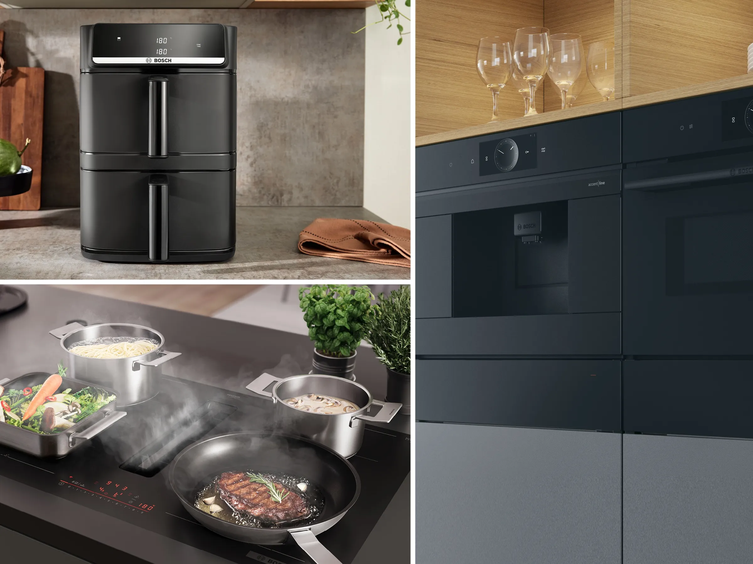 Splitscreen with 4 Bosch appliances in Black placed in a modern kitchen, double drawer air fryer, built in oven, built-in coffee machine and a cooktop.