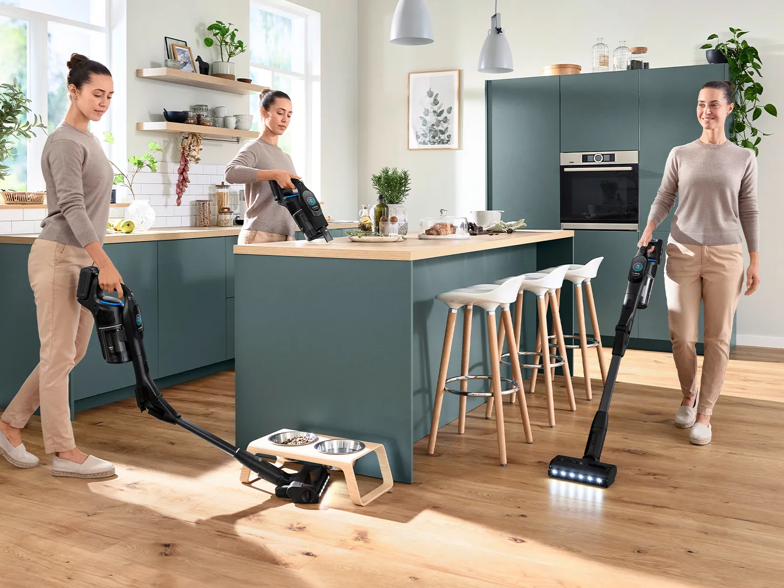 Woman using Bosch unlimited cordless vacuum 10 in multiple areas of dining room 